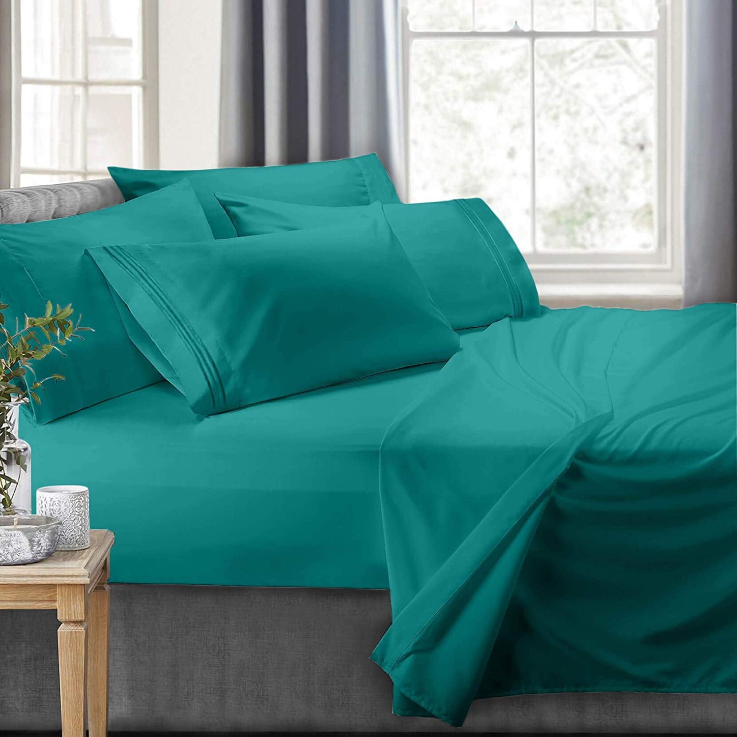 Cooling Sateen RV/Short Queen 6-Piece Bed Set for Campers - Deep Pocket Fitted Sheet Luxury Soft Microfiber, Teal - Cooling Hotel Quality Bedding Sheets and Pillowcases - Default Title