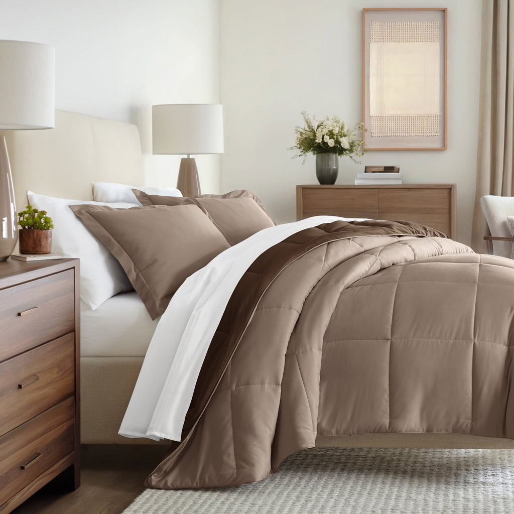Hypoallergenic Cloud All Season Reversible Comforter Set Breathable Cool in Taupe & Chocolate Brown Full/Queen Size Bedding - Luxurious Quilted Duvet Cover Set - Default Title