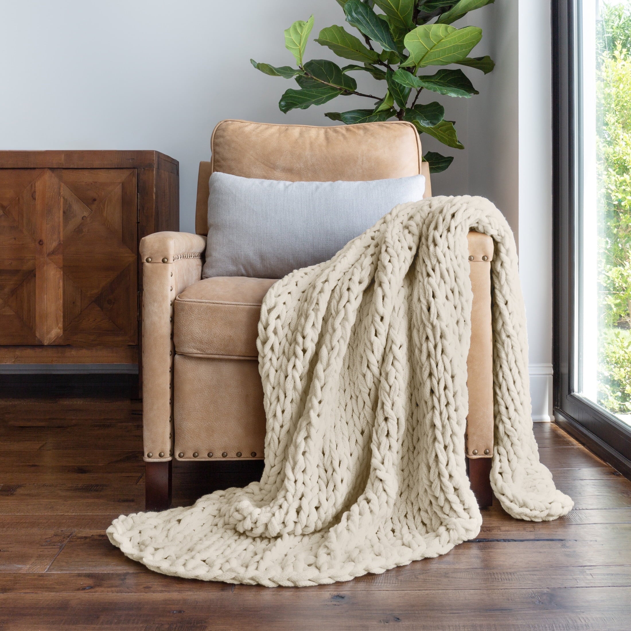Super Soft Flannel Soft & Cozy Chunky Hand-Knit Throw Blanket, Ivory - Luxury Knitted Decorative Throw Blanket with Fringes - Default Title