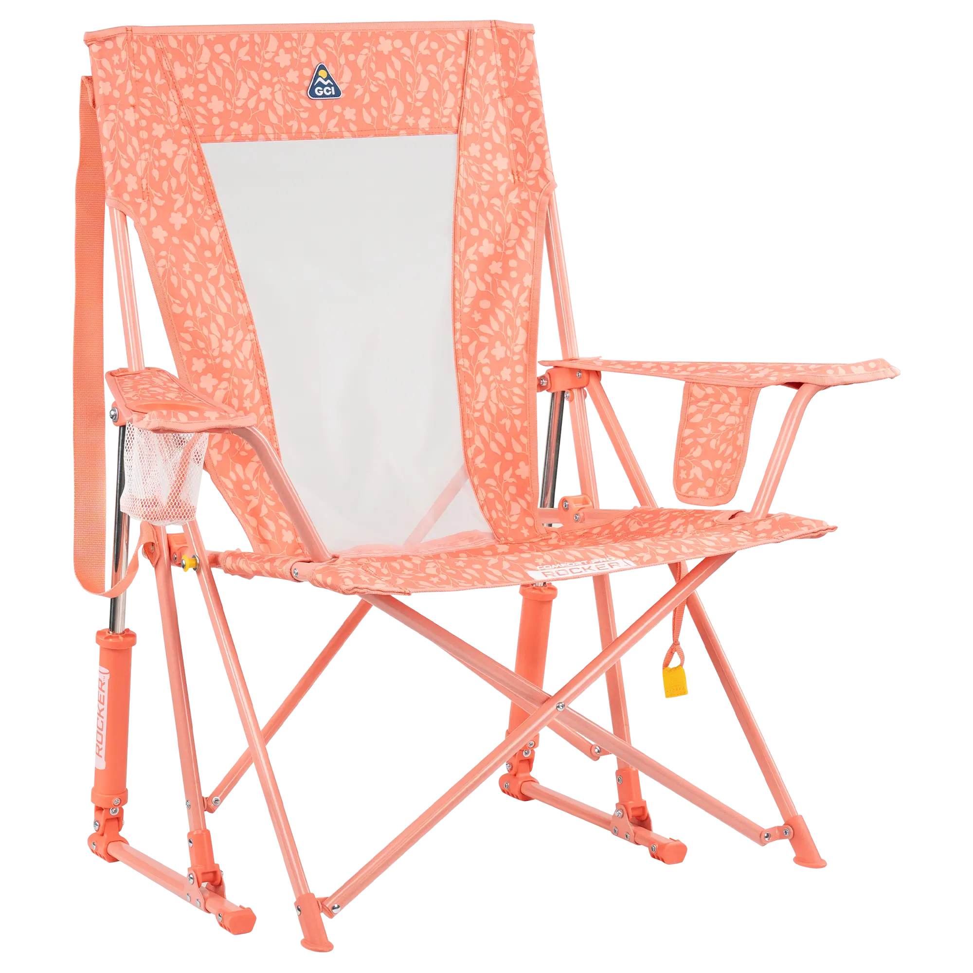 Luxury Camp Comfort Pro Rocker - Choice 375 - Heavy-Duty Kickback Rocker with Beverage Holder - Coral Garden