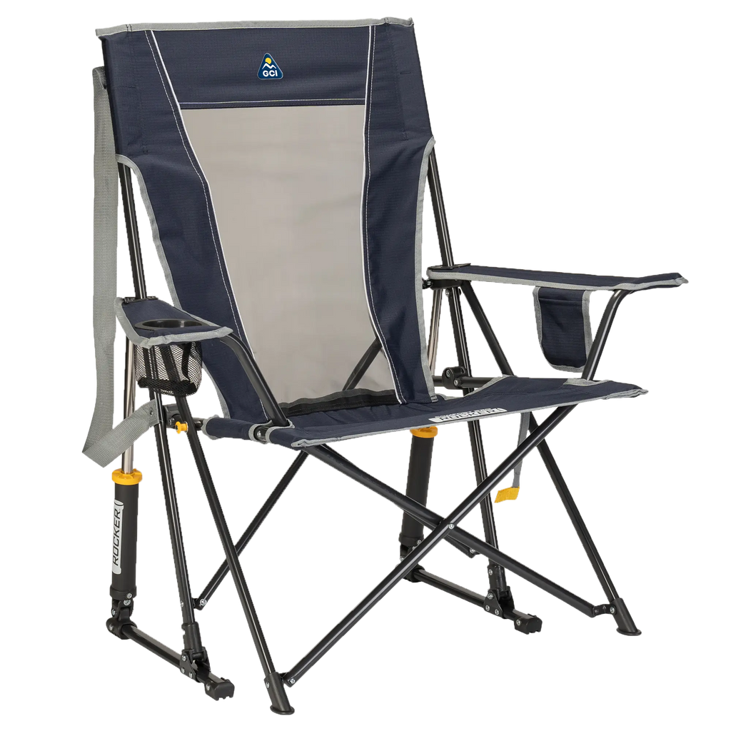 Luxury Camp Comfort Pro Rocker - Choice 375 - Heavy-Duty Kickback Rocker with Beverage Holder - Indigo