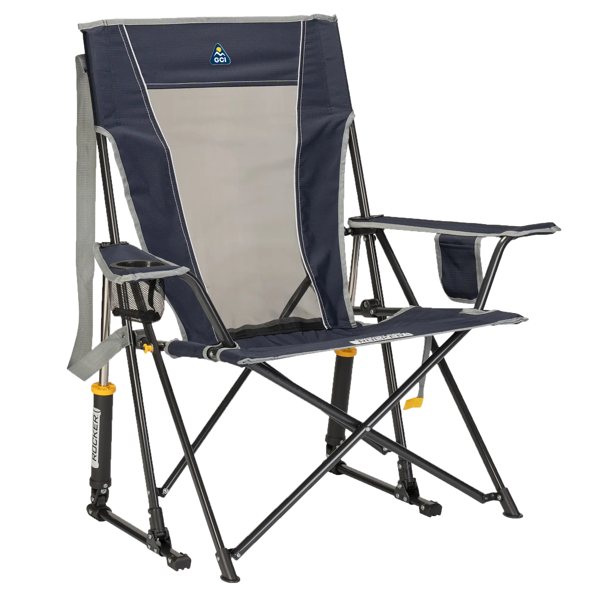 Luxury Camp Comfort Pro Rocker - Choice 375 - Heavy-Duty Kickback Rocker with Beverage Holder - Indigo