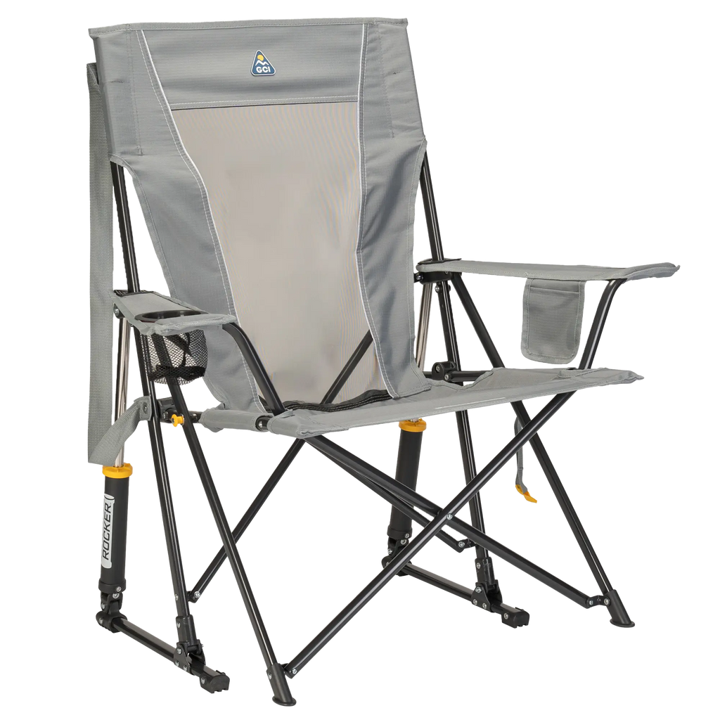 Luxury Camp Comfort Pro Rocker - Choice 375 - Heavy-Duty Kickback Rocker with Beverage Holder - Mercury Gray