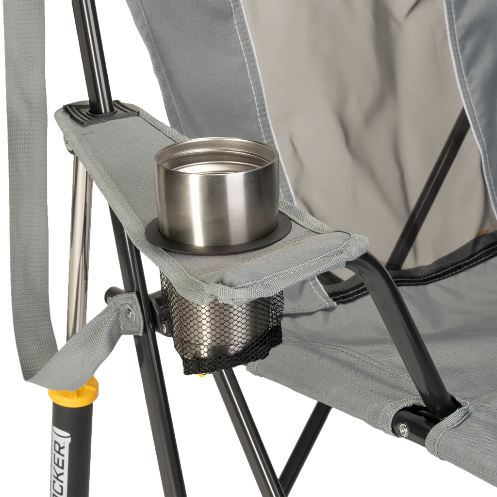 Luxury Camp Comfort Pro Rocker - Choice 375 - Heavy-Duty Kickback Rocker with Beverage Holder Detail