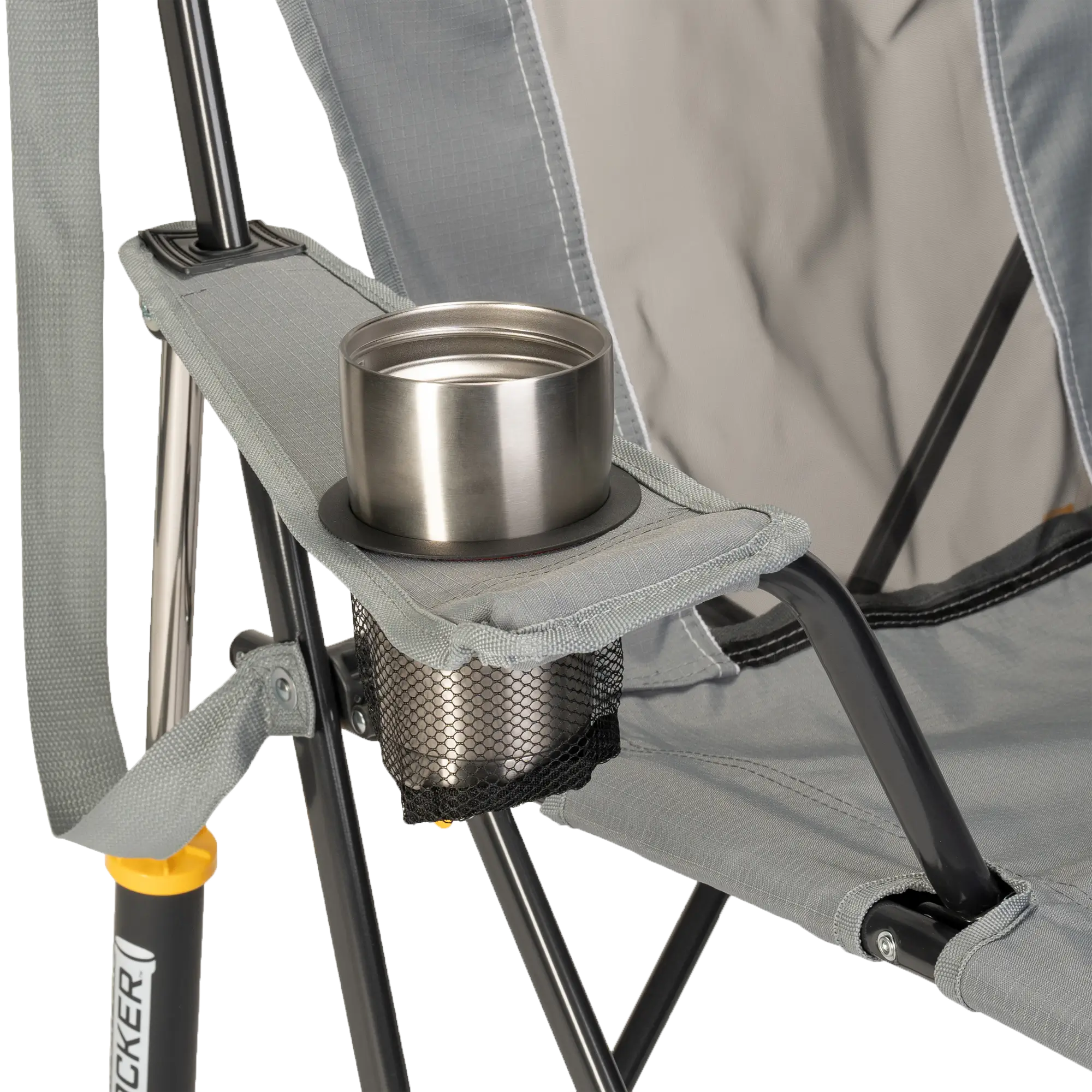 Luxury Camp Comfort Pro Rocker - Choice 375 - Heavy-Duty Kickback Rocker with Beverage Holder Detail