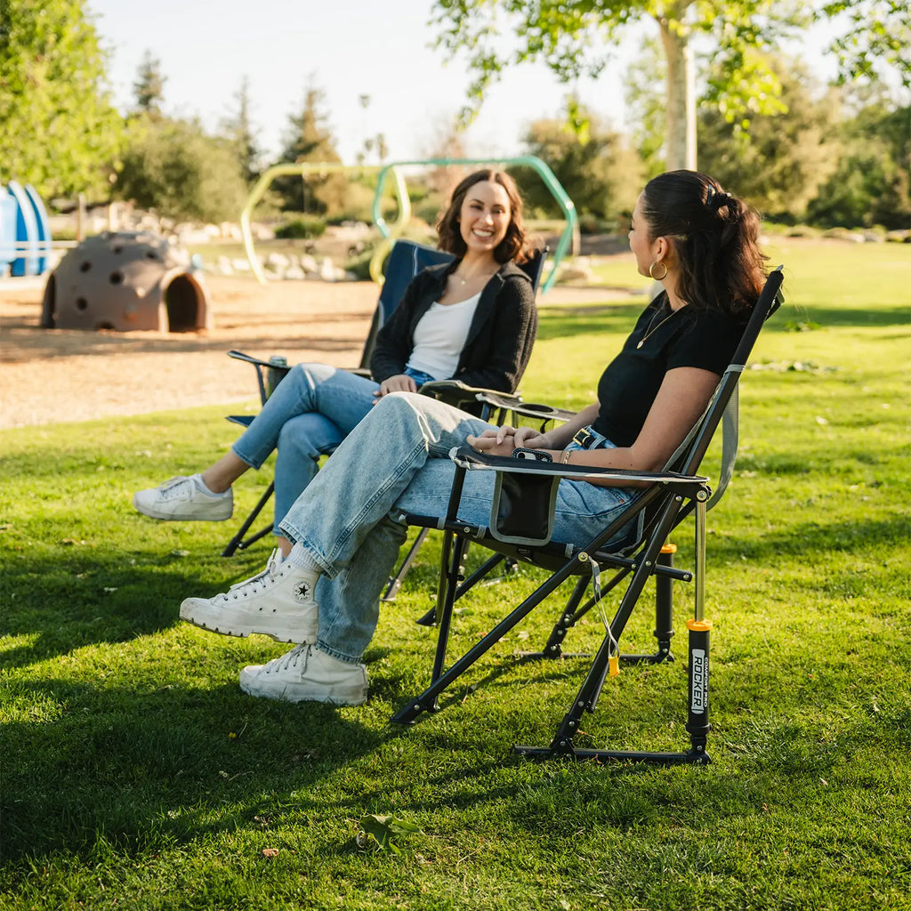 Luxury Camp Comfort Pro Rocker - Choice 375 - Heavy-Duty Kickback Rocker with Beverage Holder Detail