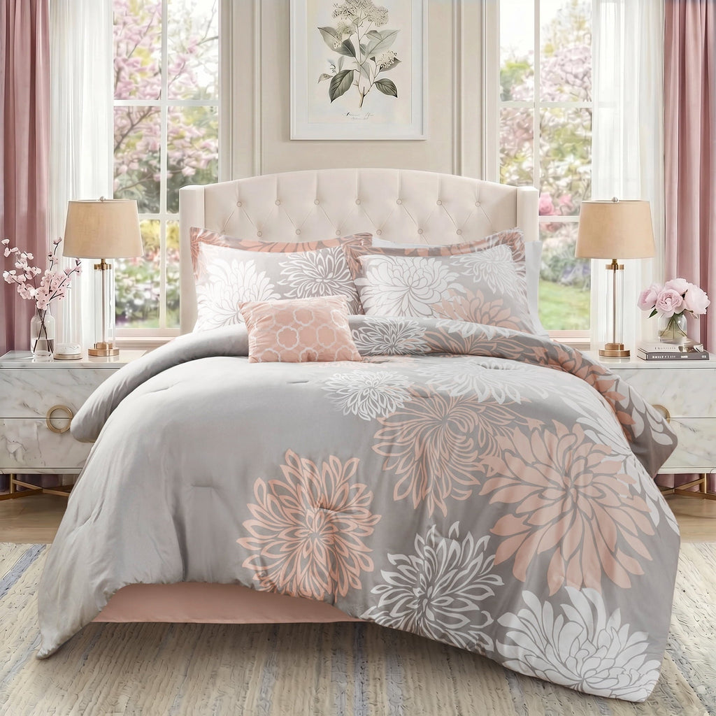Heavyweight Warmth King Size Comforter Set, 5-Piece Floral Bedding Set for All Season, Blush Comforter Set King with Bed Skirt - Luxurious Quilted Duvet Cover Set - Default Title