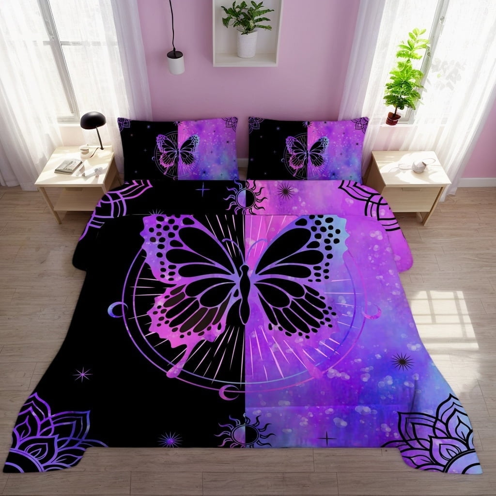 Hypoallergenic Cloud Butterfly Comforter Set Full Size for Girls Kids Teens Black Blue Purple Tie Dye Bedding Set 3 Pieces - Luxurious Quilted Duvet Cover Set - Default Title