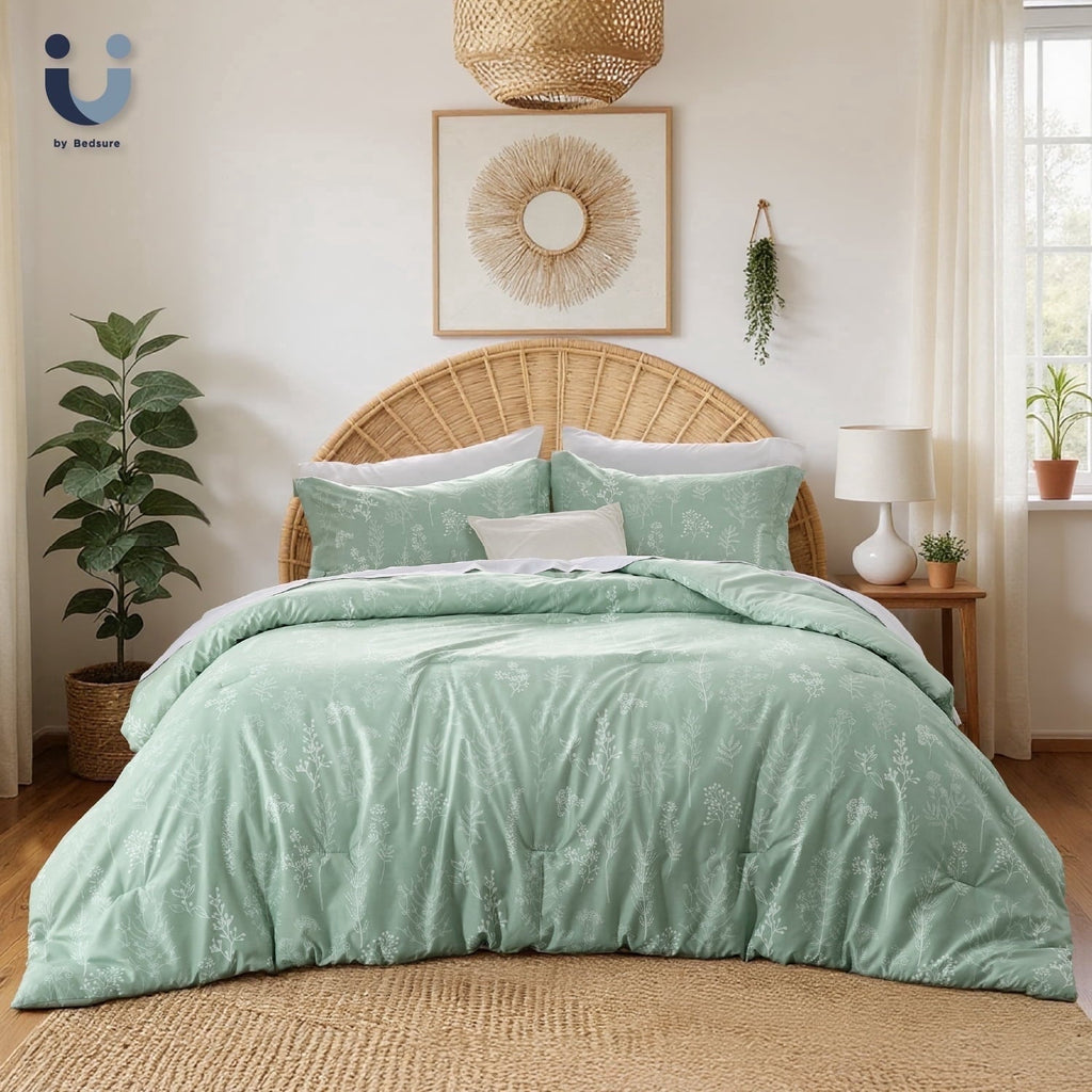Hypoallergenic Cloud 3 Pieces Sage Green Floral Comforter Sets, 1 Botanical Flowers Reversible Comforter and 2 Pillow Shams, Queen Size Be... - Luxurious Quilted Duvet Cover Set - Default Title