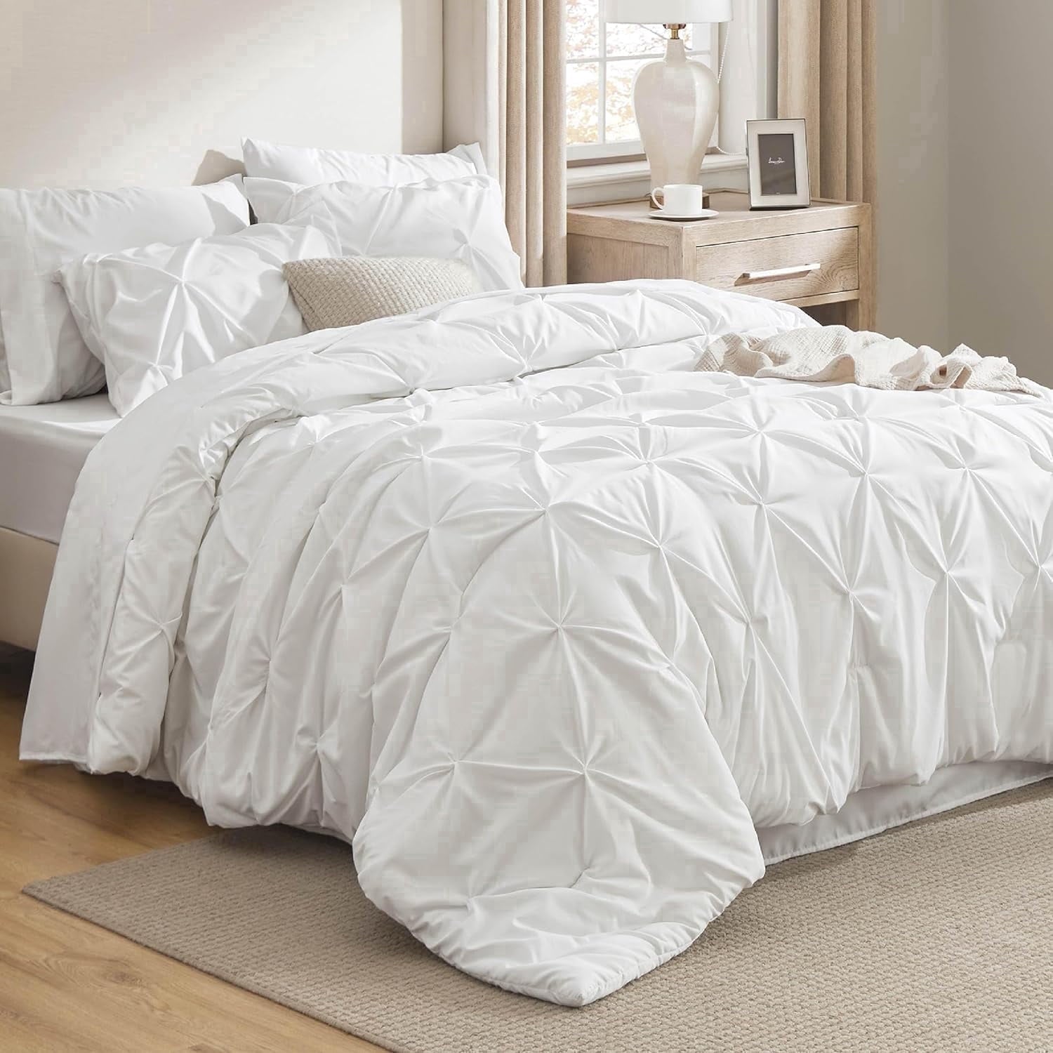Hypoallergenic Cloud White Queen Comforter Set- 7 Pieces Pintuck Bedding Set with Comforters, Sheets, Pillowcases & Shams - Hypoallergenic Ultra-Fluffy Quilt for Winter - Default Title