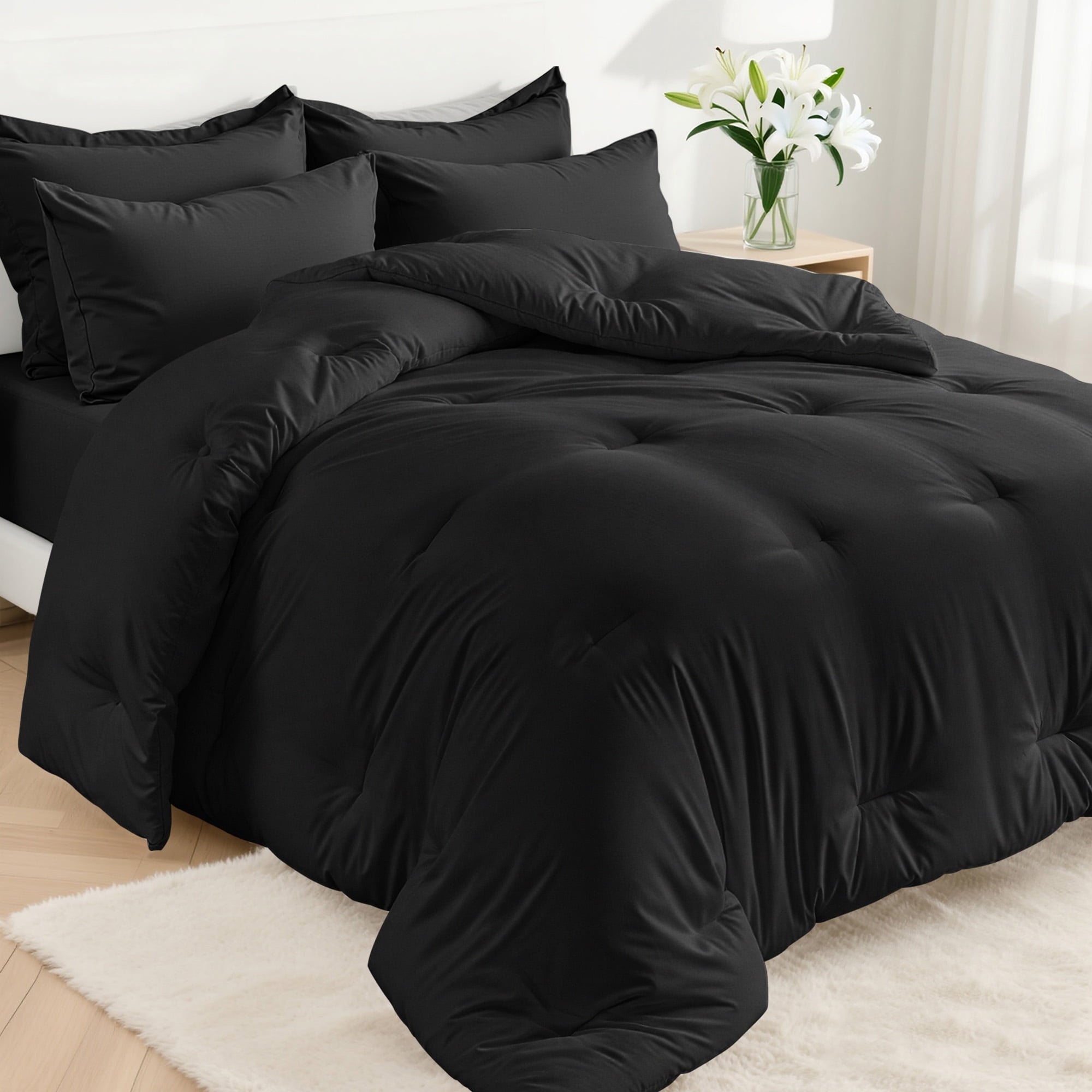 Fluffy Down Alternative 5-Piece Bed in Bag - Twin Size Comforter Sets, Pillowcases & Sheet Collection for Cozy Bedding Sets Black - All-Season Down Alternative Comforter Insert - Default Title