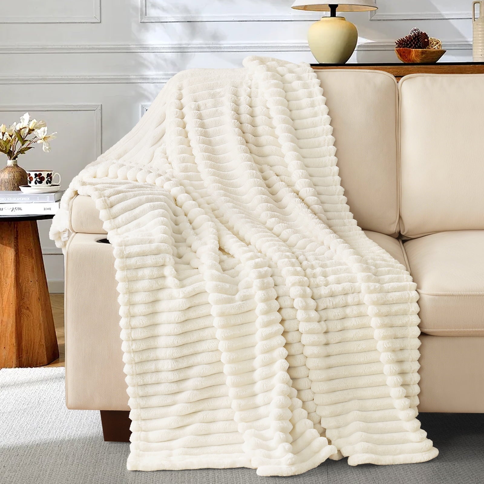 Decorative Knitted White Fleece Throw Blanket for Couch, Super Soft Cozy Blankets and Throws, Decorative Fleece Blankets for Women Men G... - Super Soft Reversible Sherpa Flannel Blanket - Default Title