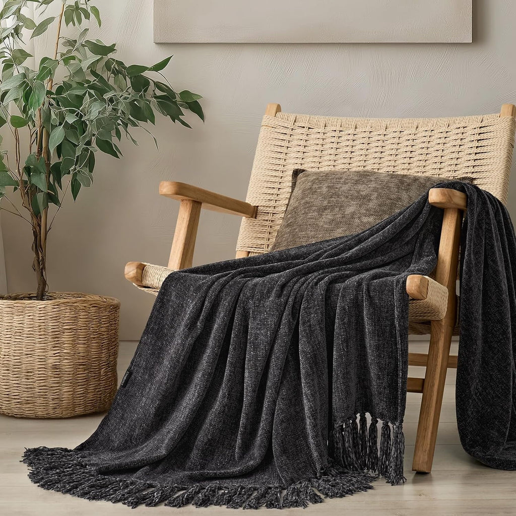 Reversible Sherpa Soft Chenille Throw Blanket for Couch, Cozy Plush Fuzzy Decorative Chenille Knit Throw Blanket with Tassels, Lightwei... - Luxury Knitted Decorative Throw Blanket with Fringes - Default Title