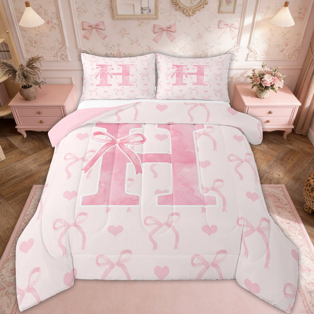 Heavyweight Warmth Kawaii Bowknot Bedding Sets Full with Comforter, Initial H Duvet Insert, Romantic Initial A-Z Decor, Reversible - All-Season Down Alternative Comforter Insert - Default Title