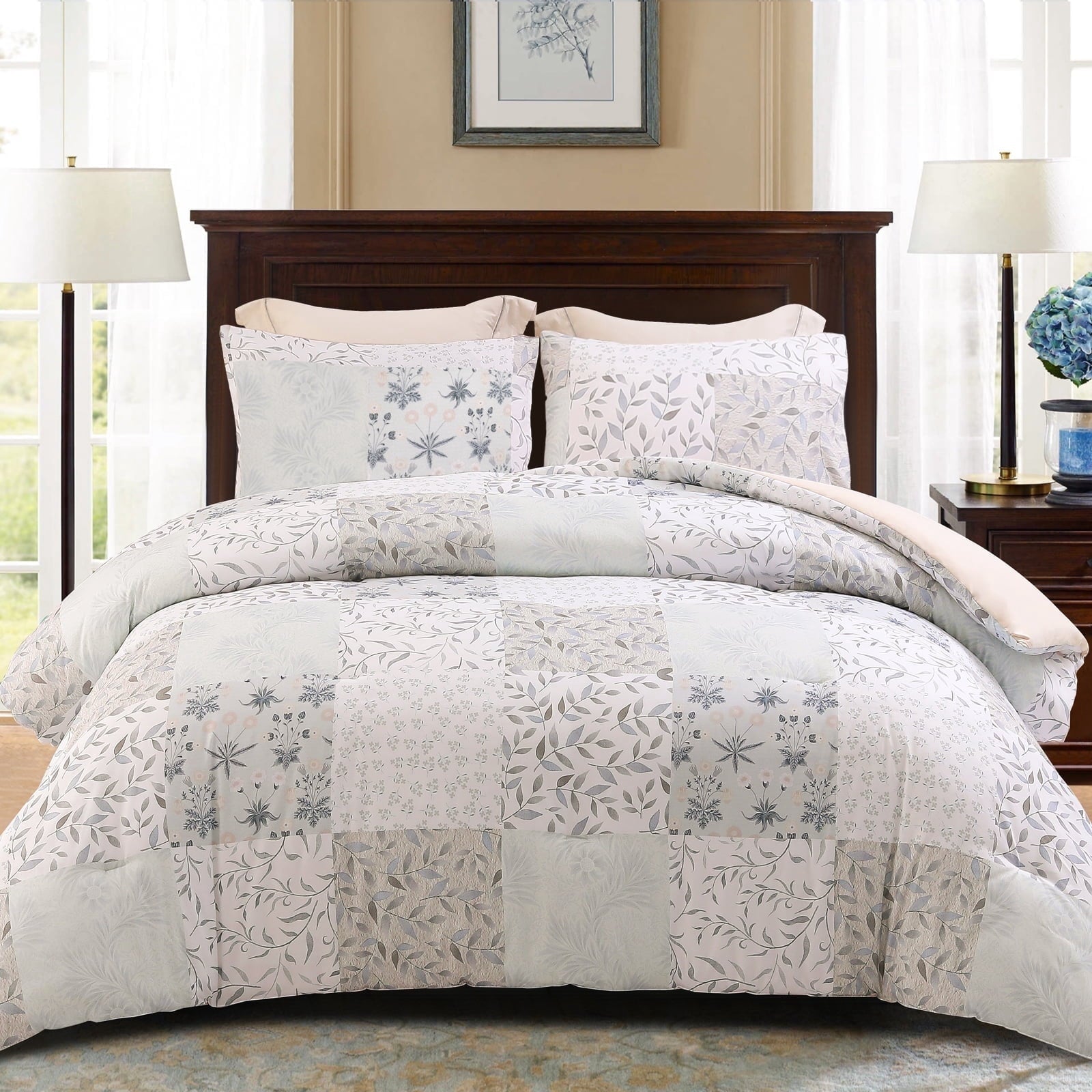 Fluffy Down Alternative 3-Piece Patchwork King Size Comforter Set, Microfiber Bedding Down Alternative Comforter for All Seasons with 2 Pillo... - Luxurious Quilted Duvet Cover Set - Default Title