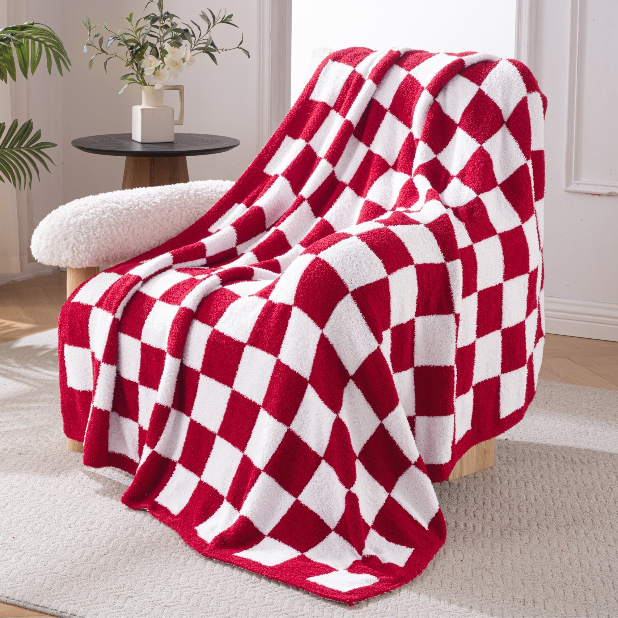 Cozy Fleece Checkered Knit Throw Blanket, Ultra Soft Cozy Fluffy Checkerboard Blankets, Lightweight Fuzzy Plush Throw for Couch a... - Super Soft Reversible Sherpa Flannel Blanket - Default Title