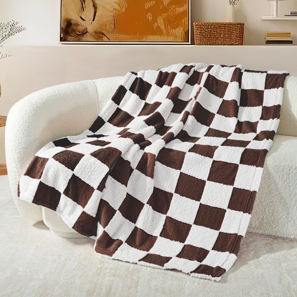 Lightweight Warm Checkered Throw Blanket, Super Soft and Warm Fluffy Fleece Blanket for Couch, Sofa, Bed, Cute Plaid Pattern, Coffee, ... - Cozy Fleece Throw Blanket for Couch & Bed - Default Title