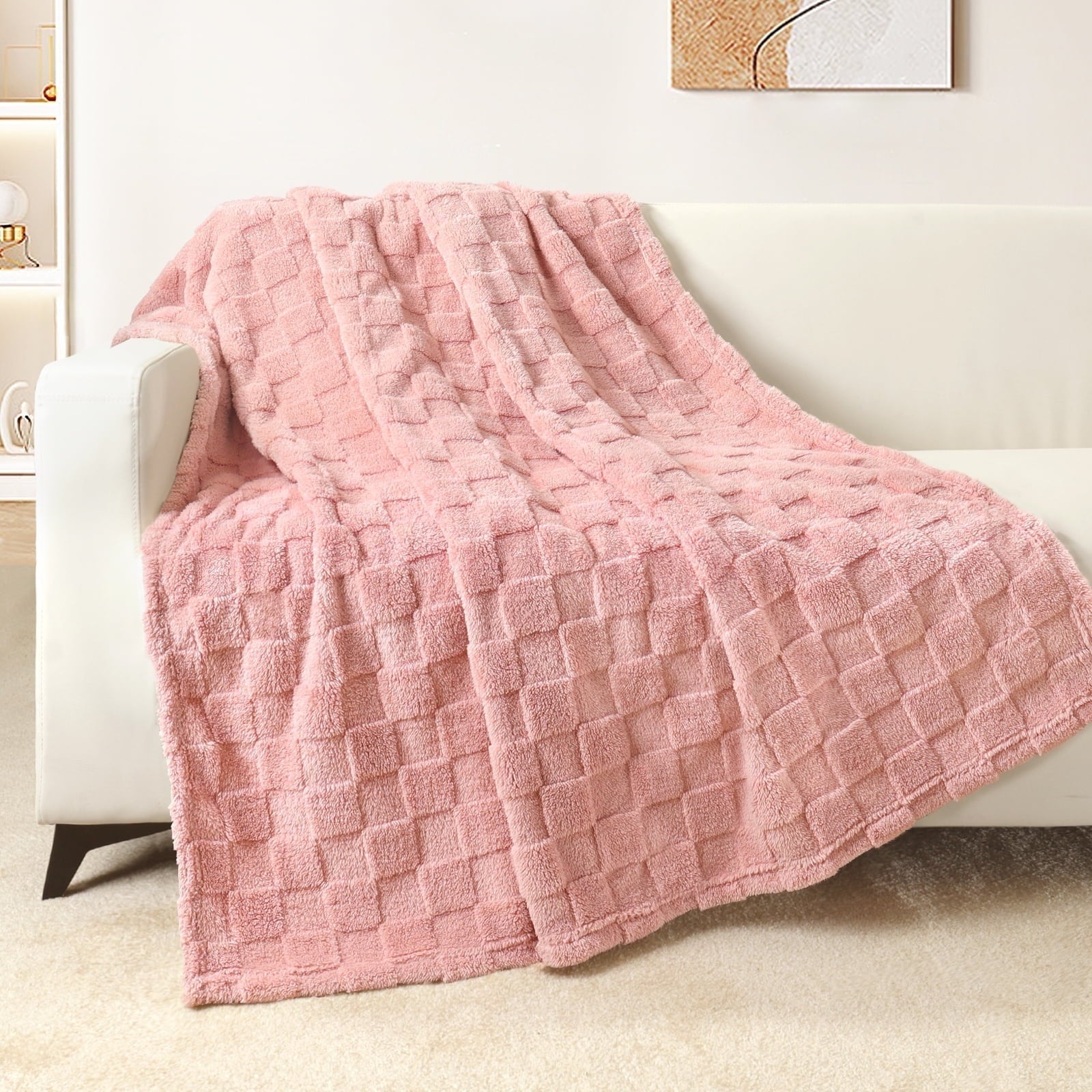 Lightweight Warm Fleece Throw Blanket for Couch, Super Soft Warm Lightweight Checkered Pattern Blanket for All Seasons, Pink, 50"x60" - Luxury Knitted Decorative Throw Blanket with Fringes - Default Title