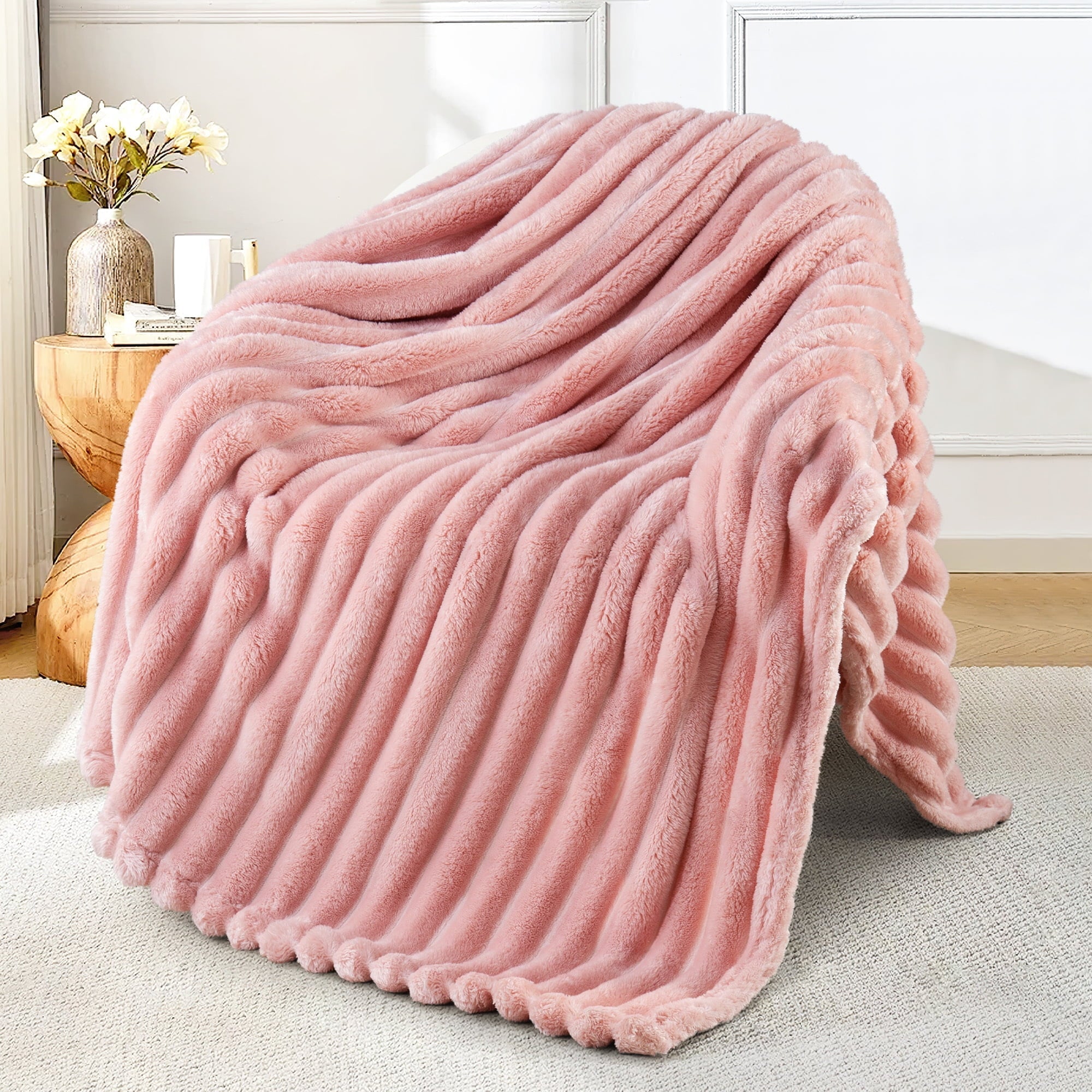 Super Soft Flannel Fleece Throw Blanket for Couch, Super Soft 3D Striped Jacquard Blanket, Lightweight Fuzzy Cozy Blankets, Pink, 50"x60" - Super Soft Reversible Sherpa Flannel Blanket - Default Title