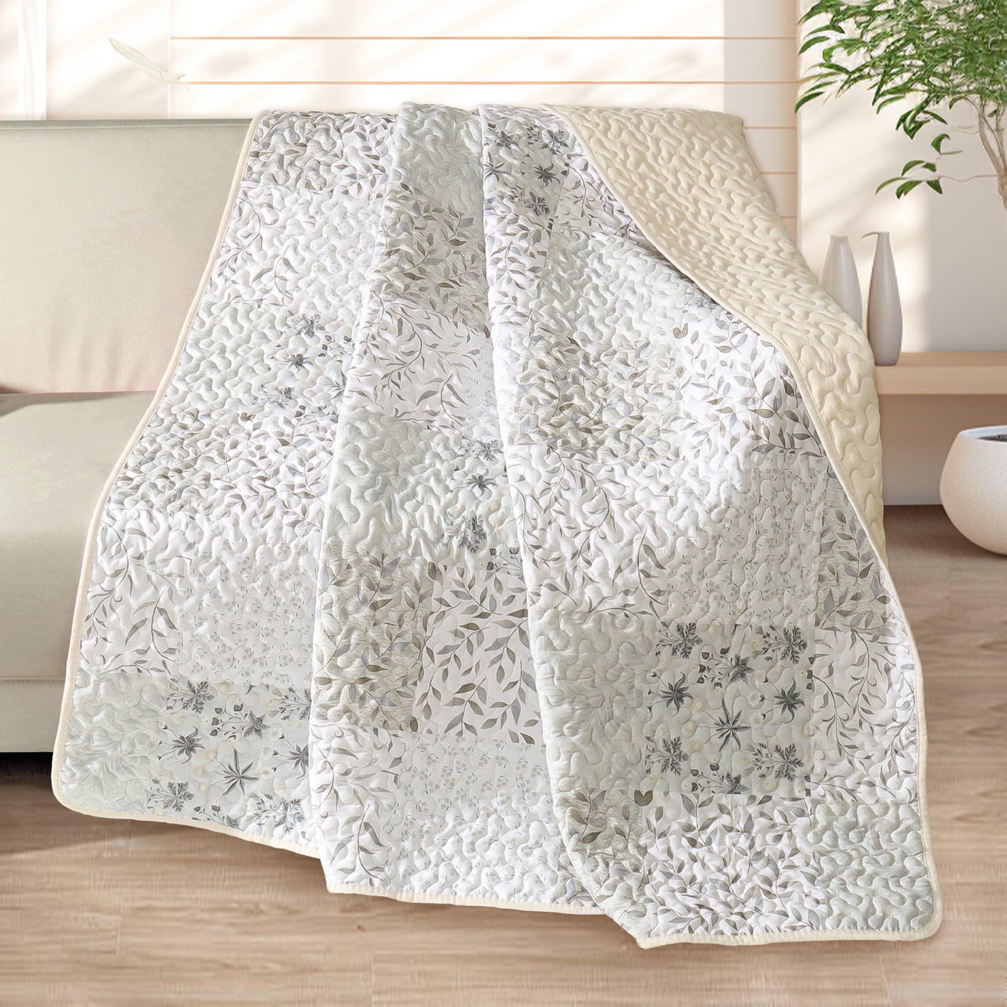 Reversible Sherpa Microfiber Boho Patchwork Pattern Quilted Throw Blanket for Bed/Couch/Sofa, Soft and Lightweight (50"x 60", Grey) - Cozy Fleece Throw Blanket for Couch & Bed - Default Title