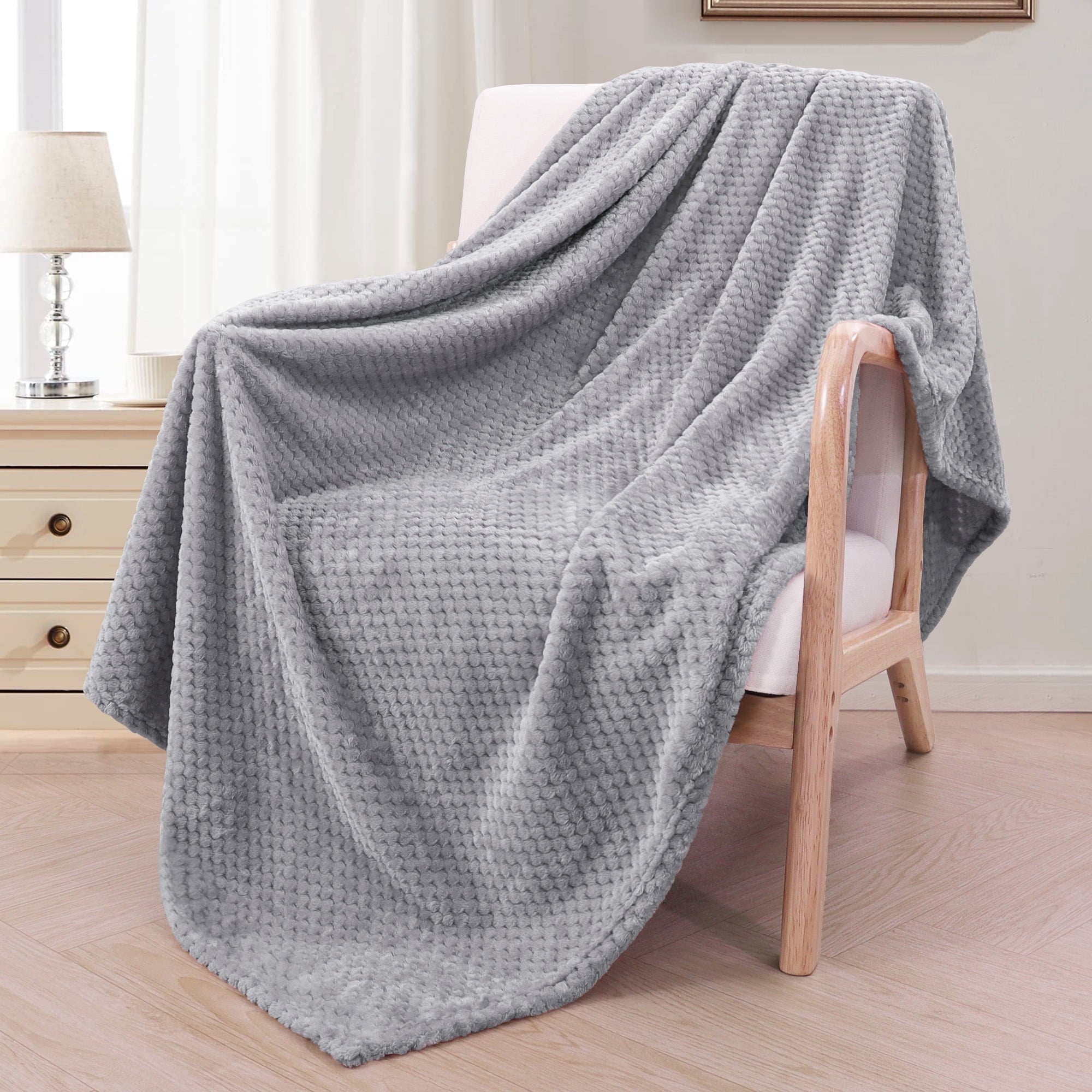 Cozy Fleece Waffle Textured Extra Large Fleece Blanket, Super Soft and Warm Throw Blanket for Couch, Sofa and Bed (Light Grey, 50... - Luxury Knitted Decorative Throw Blanket with Fringes - Default Title