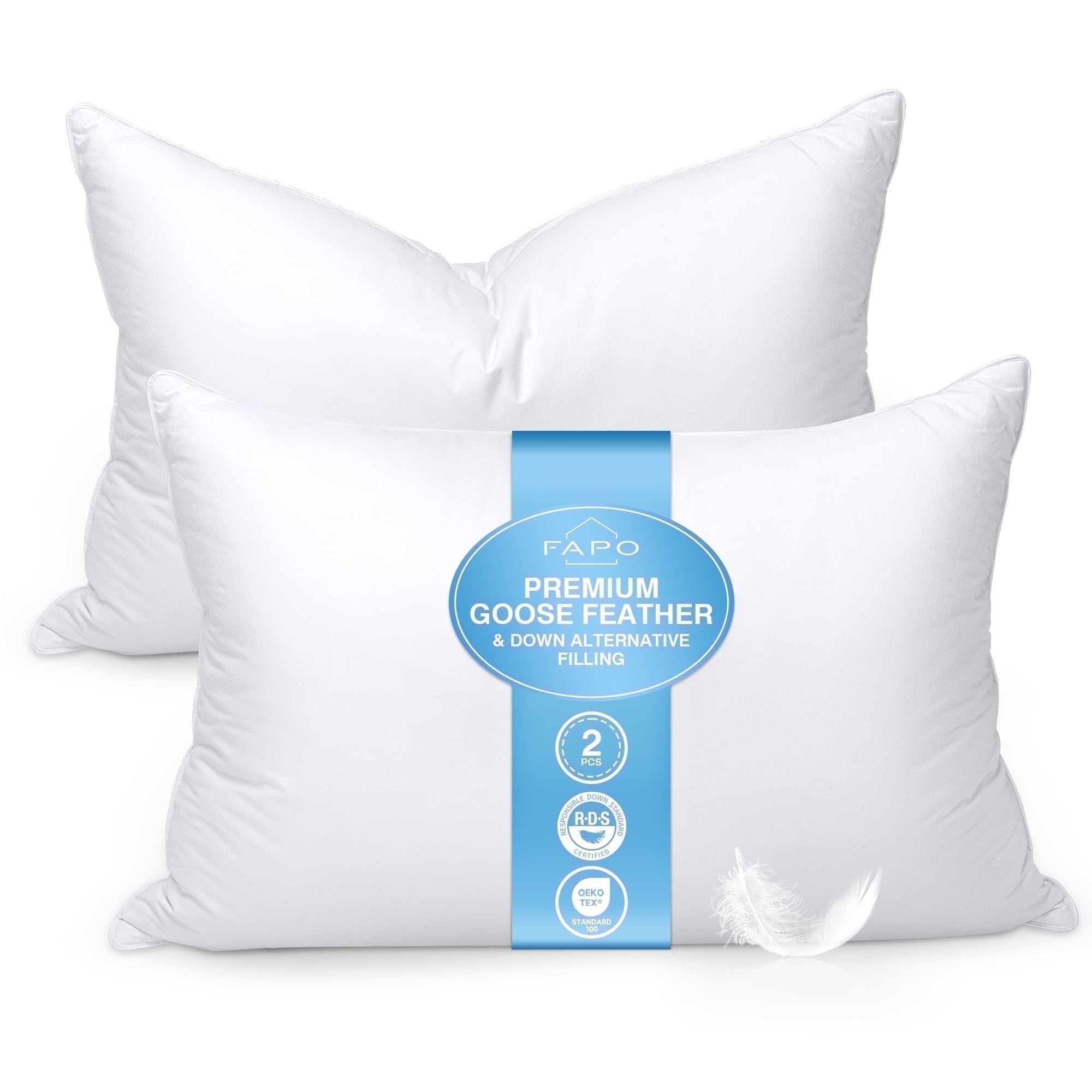 Orthopedic Support Goose Feather and Down Pillows Queen Size Set of 2 Luxury Hotel Bed Pillows with Cotton Cover - Hotel Quality Plush Sleeping Pillows - Default Title