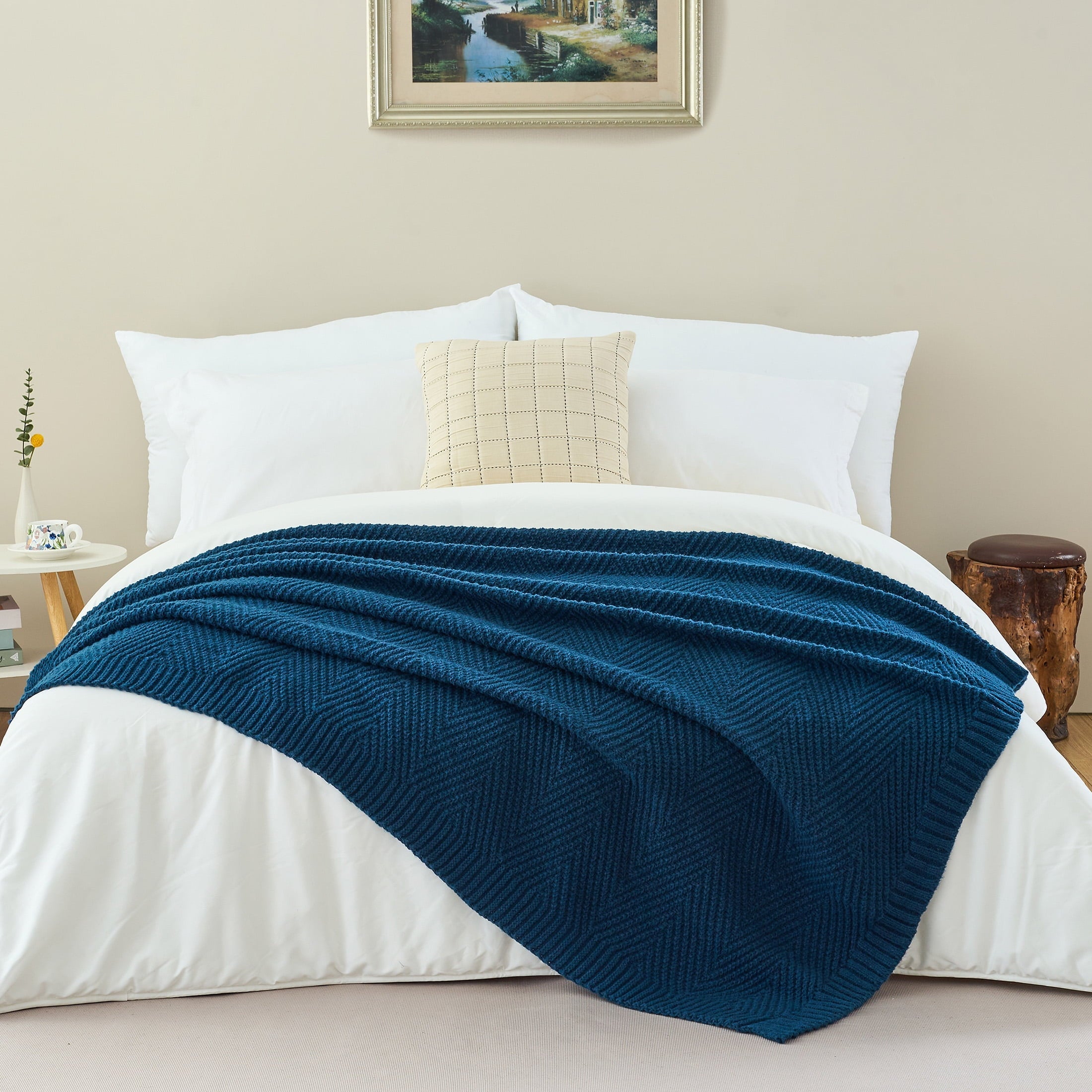 Lightweight Warm Soft Knitted Throw Blanket 50" x 60" Navy Blue, Boho Chevron Farmhouse Throw for Bed Couch - Super Soft Reversible Sherpa Flannel Blanket - Default Title