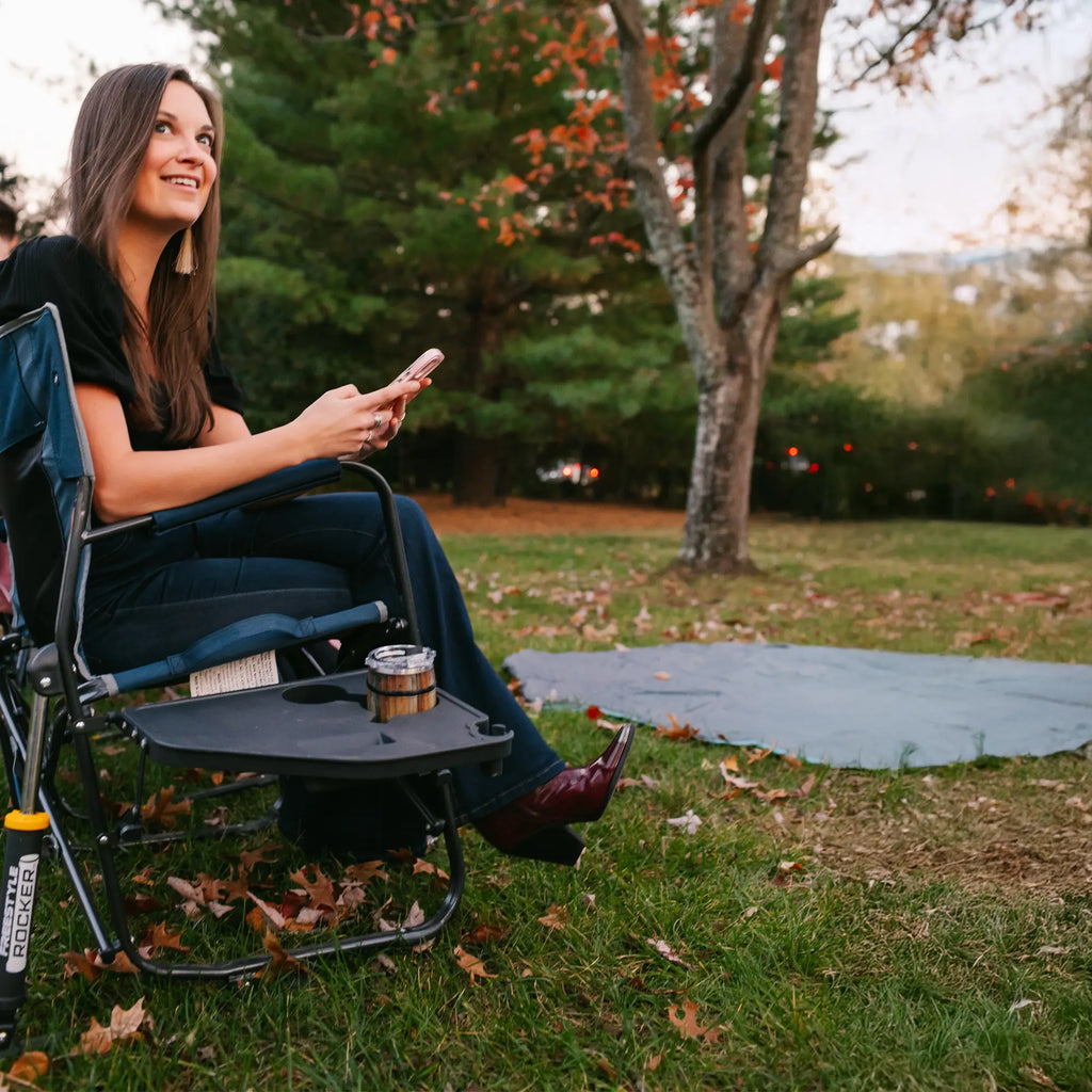 Premium All-Weather Freestyle Rocker with Side Table - Choice 853 - Patented Spring-Action Rocking Chair for Camping Detail