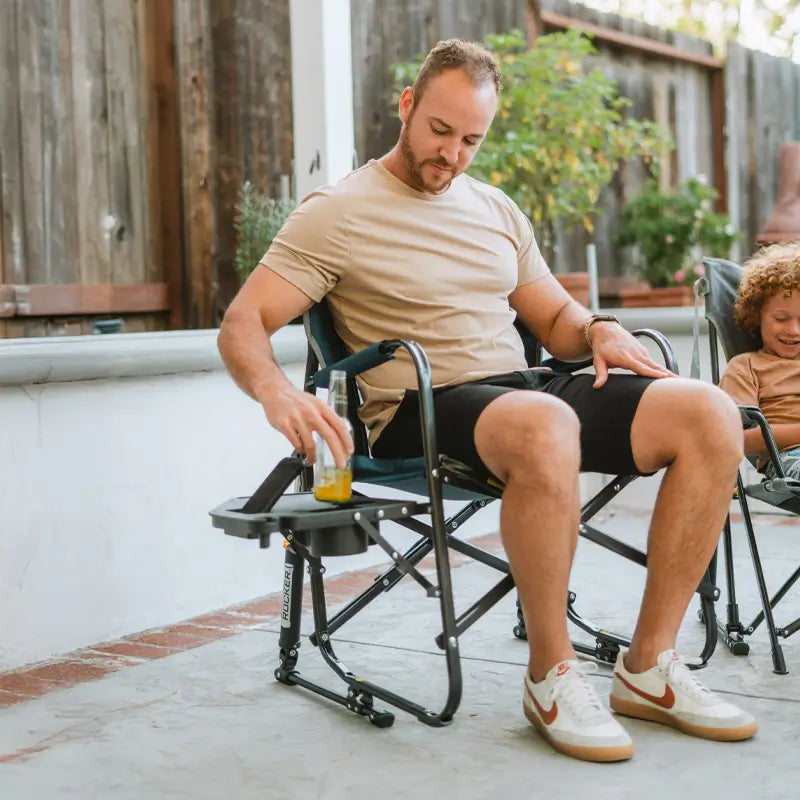 Premium All-Weather Freestyle Rocker with Side Table - Choice 853 - Patented Spring-Action Rocking Chair for Camping Detail
