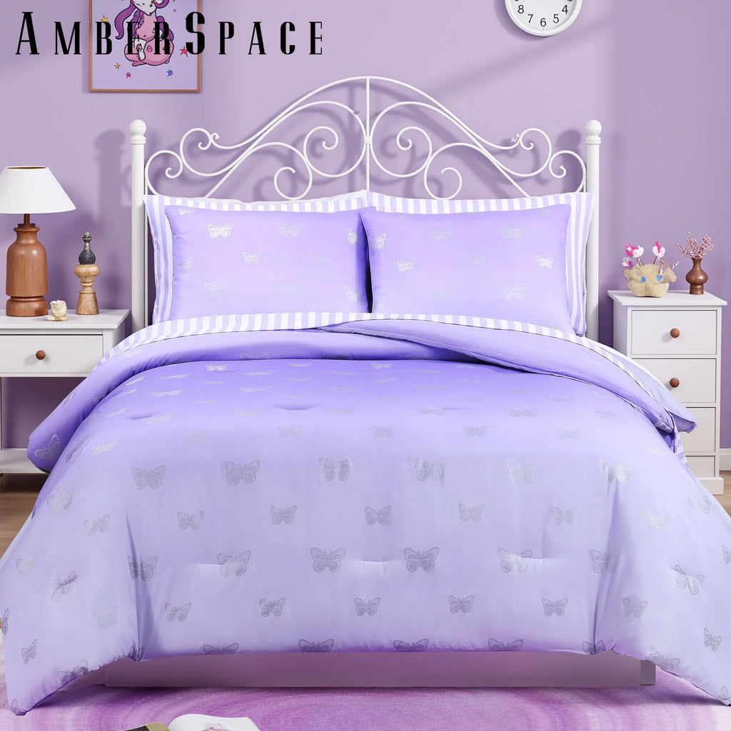 Heavyweight Warmth gold foil Design 7-piece Bed in a Bag Comforter Set with Sheets,Purple/Silver Butterflies,Full - Cloud-Like Soft Lightweight Bed Comforter - Default Title