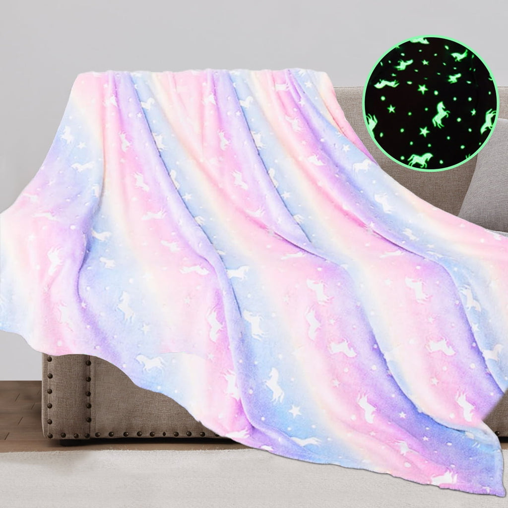 Reversible Sherpa Glow in The Dark Pony Blanket for Kids, 50"x60" Soft Cozy Luminous Flannel Blanket, Christmas Birthday Gift for Girls... - Luxury Knitted Decorative Throw Blanket with Fringes - Default Title