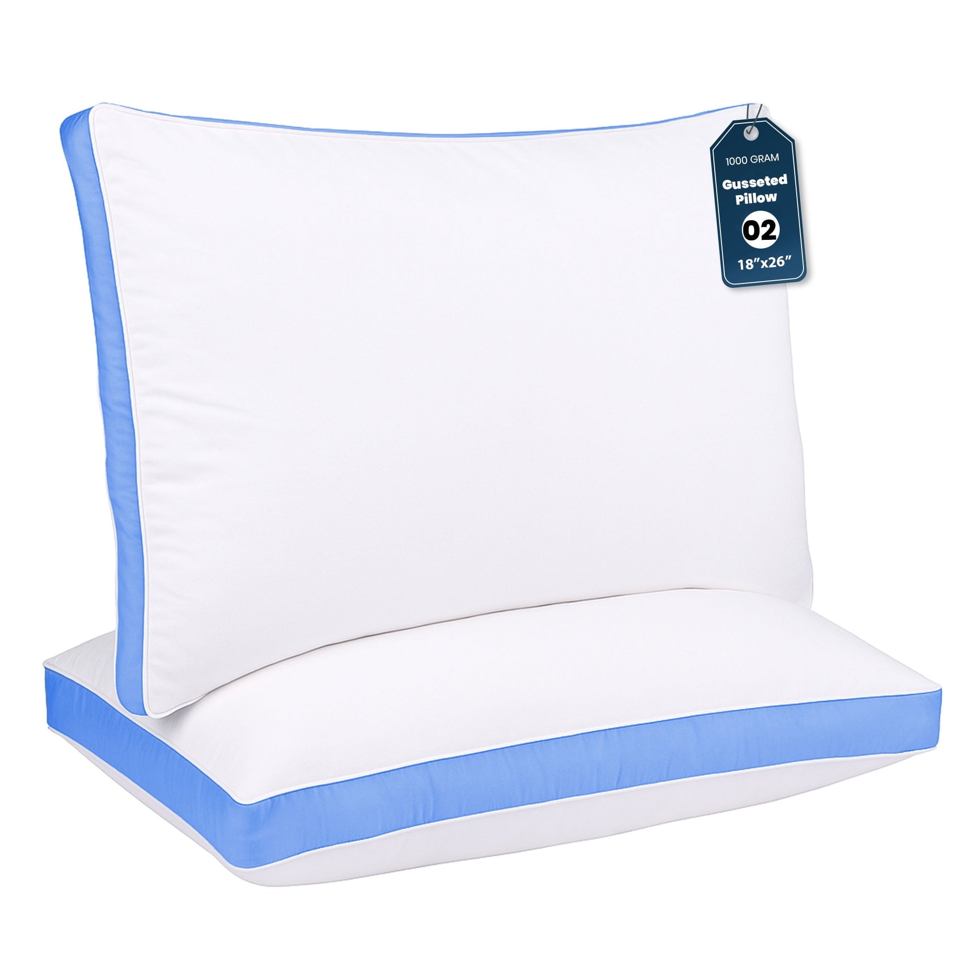 Fluffy Shredded Gusseted Queen 18x26 Bed Pillows for Sleeping Set of 2 Polycotton White Blue Stripe Comfortable - Decorative Throw Pillow Cushion for Sofa & Bed - Default Title