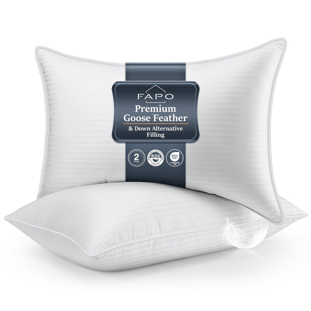 Hotel Collection Goose Feather Pillows Queen Size Set of 2, Hotel Down Bed Pillow for Sleeping,Soft 600 TC Cotton Cover - Ergonomic Memory Foam Pillow for Neck Pain Support - Default Title