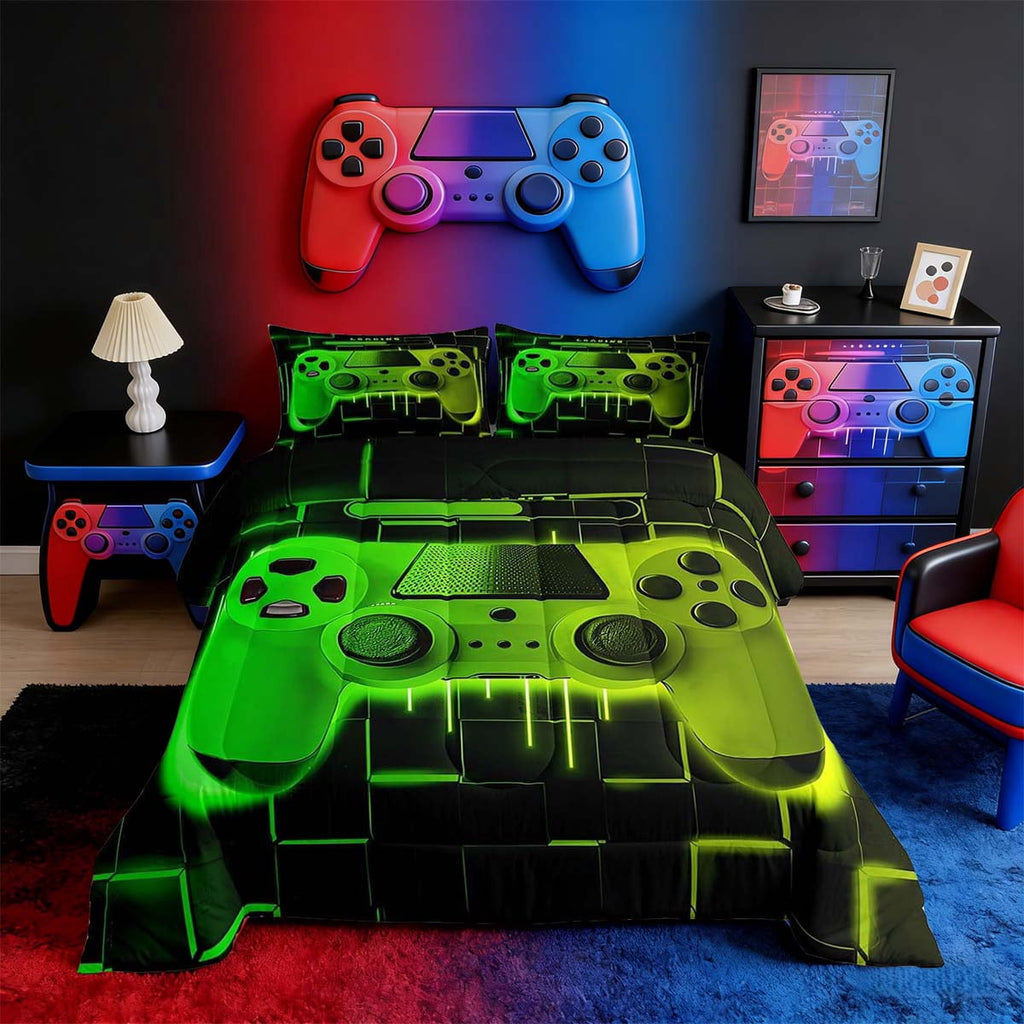 Luxurious Quilted Green Yellow Gaming Full Size Comforter Sets - Gamer Comforter Full Size Bedding Set, Neon Lights Abstract Geometry D... - All-Season Down Alternative Comforter Insert - Default Title