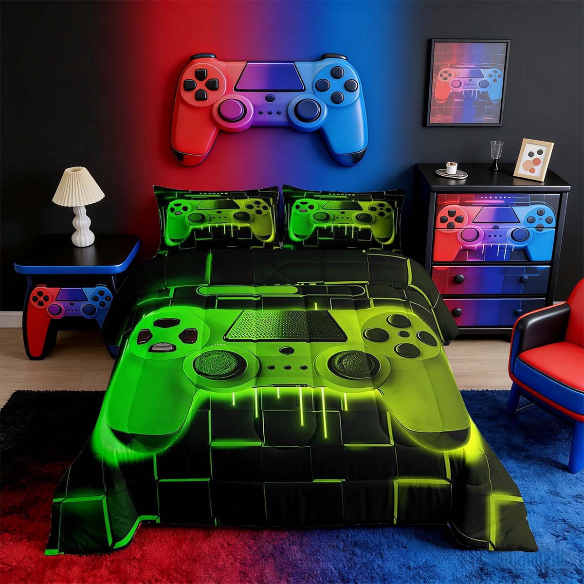 Luxurious Quilted Green Yellow Gaming Full Size Comforter Sets - Gamer Comforter Full Size Bedding Set, Neon Lights Abstract Geometry D... - All-Season Down Alternative Comforter Insert - Default Title