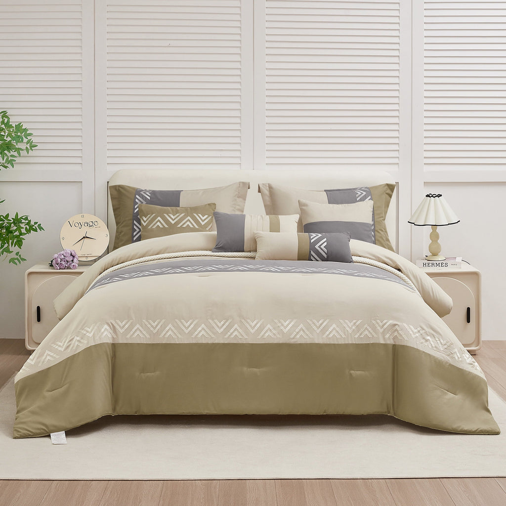 Hypoallergenic Cloud 7 Piece Embroidery Design Bed-in-a-Bag, Taupe Queen Size Ultra Soft Comforter Set for Adults - Hypoallergenic Ultra-Fluffy Quilt for Winter - Default Title