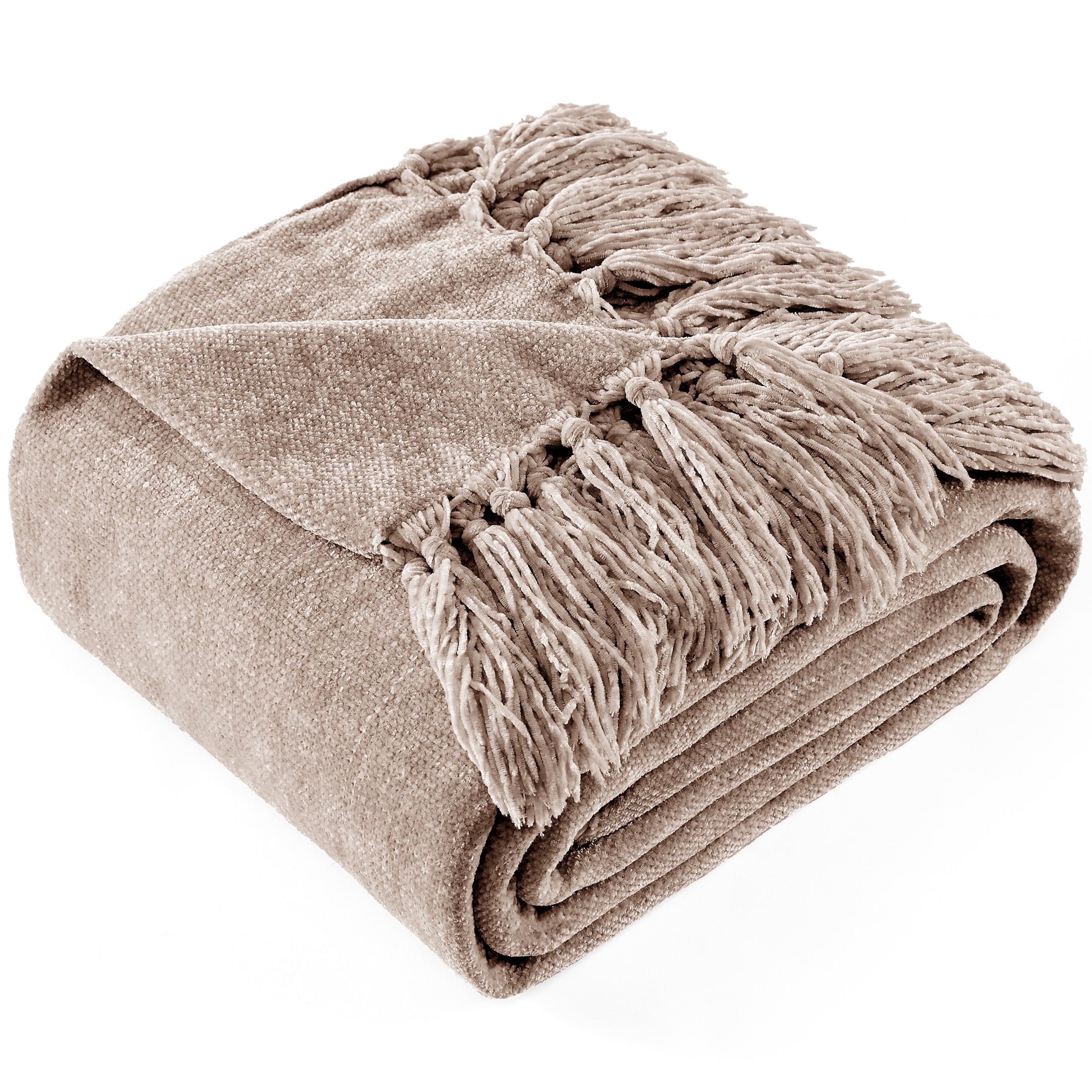 Lightweight Warm Chenille Throw Blanket with Fringe Tassel for Couch Sofa Chair Bed, Taupe 50" X 60" - Super Soft Reversible Sherpa Flannel Blanket - Default Title