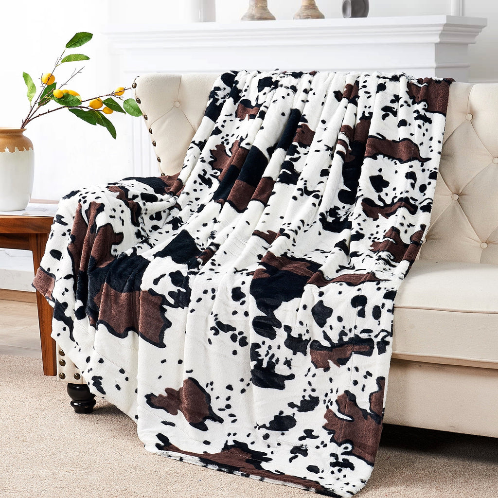 Decorative Knitted Cow Print Double Sided Faux Fur Throw Blanket, Soft Cozy Fuzzy Black and White Throw, 50x60 inches - Luxury Knitted Decorative Throw Blanket with Fringes - Default Title