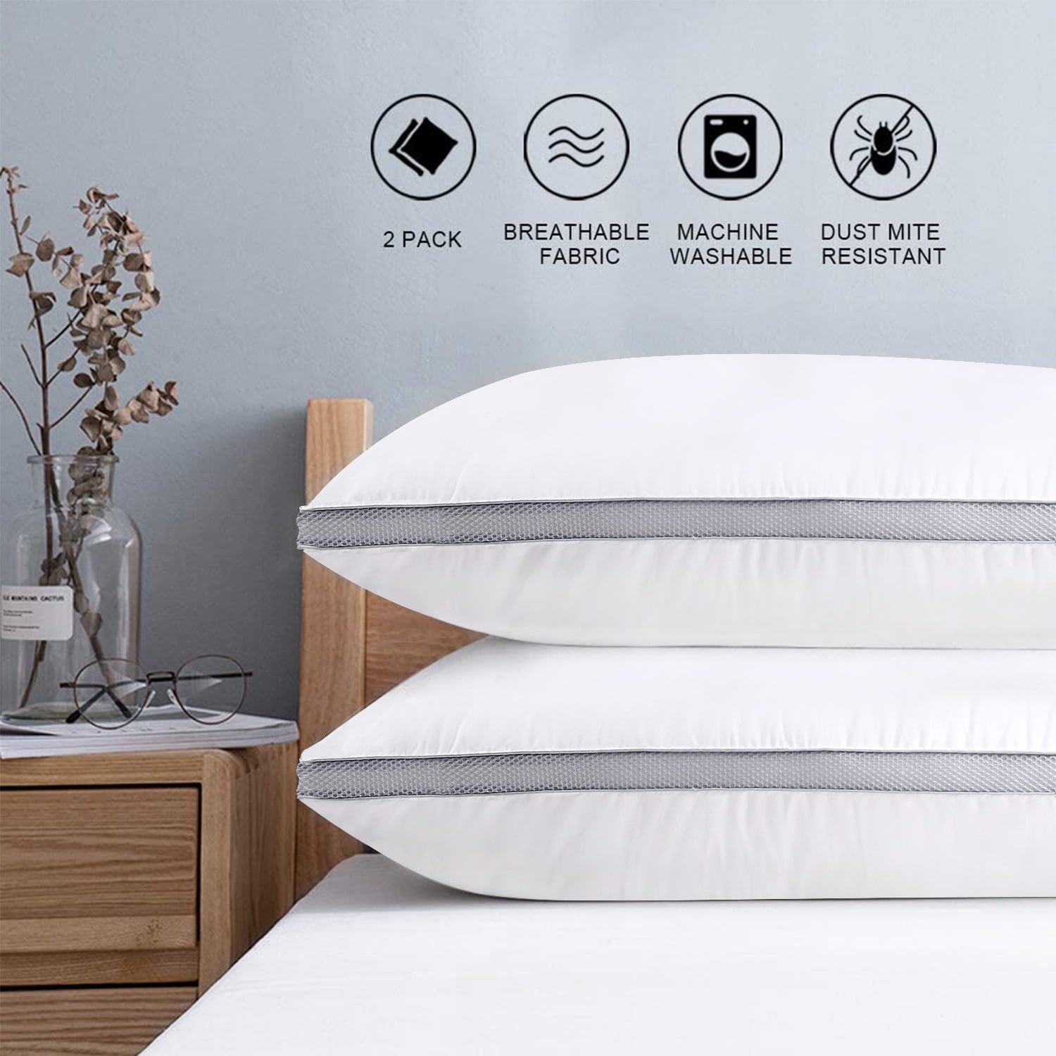 Orthopedic Support Down Alternative Bed Pillow with Cotton Cover and Gusset, 2 Pack, Queen, 20"x26" - Ergonomic Memory Foam Pillow for Neck Pain Support - Default Title
