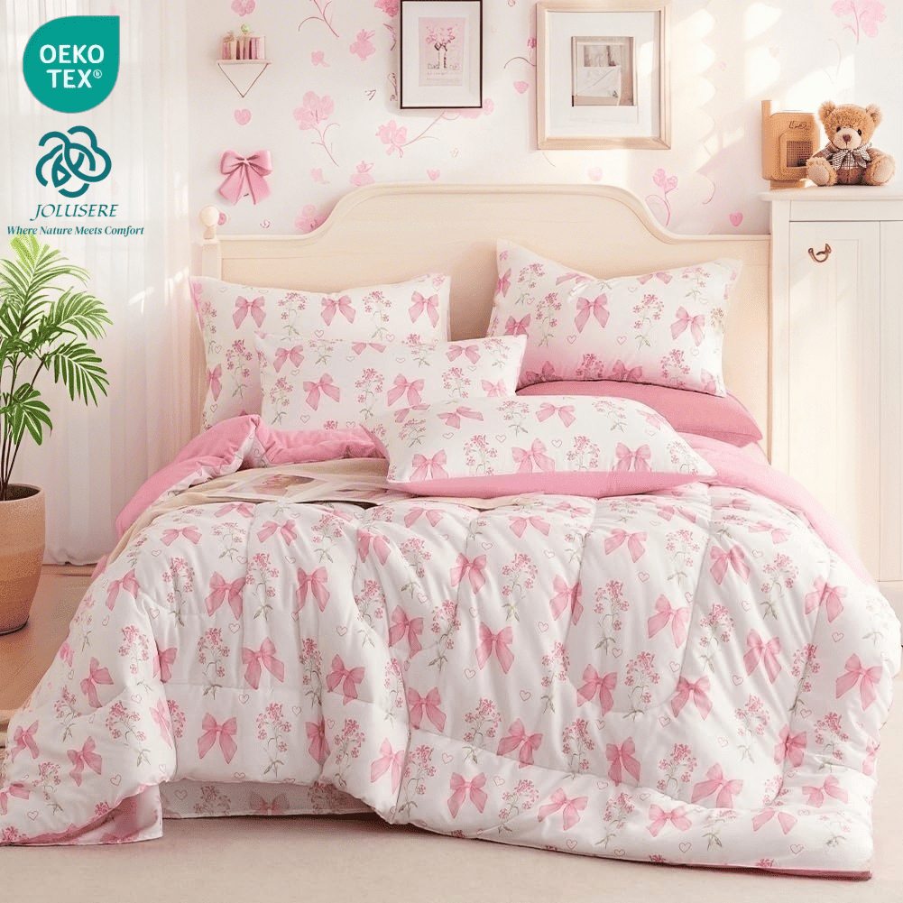 Fluffy Down Alternative Pink Bowknot Girls Comforter Set Twin Size, 3 Pieces Bows Princess Style Bedding Set for Girls for All Season - Cloud-Like Soft Lightweight Bed Comforter - Default Title