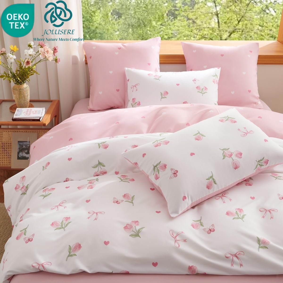 Hypoallergenic Cloud Pink Tulip Queen Comforter Set, 3-Piece Pink Flowers Reversible Soft Bedding Set or Adults All Season - Cloud-Like Soft Lightweight Bed Comforter - Default Title