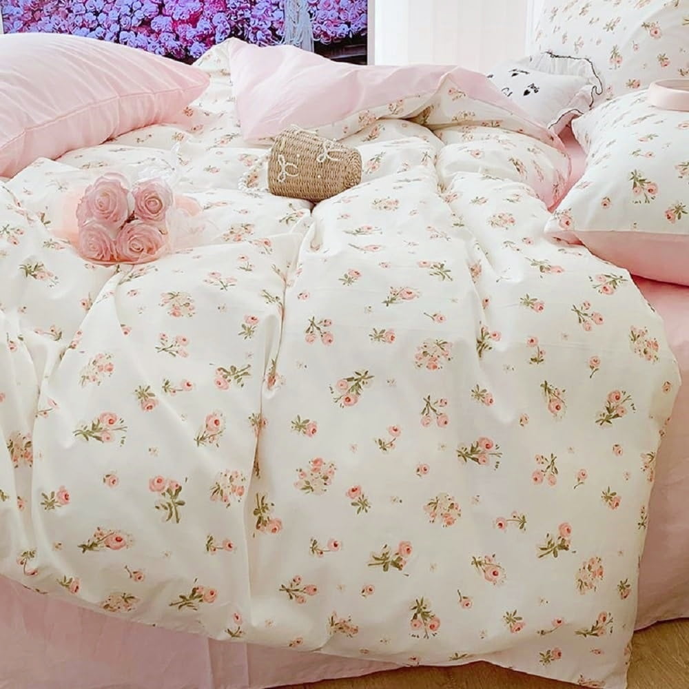 Heavyweight Warmth Pink loyalty Floral Comforter Queen Sets, 3 Pieces Chic Botanical Pink White Floral Reversible Comforter for All Season - Luxurious Quilted Duvet Cover Set - Default Title