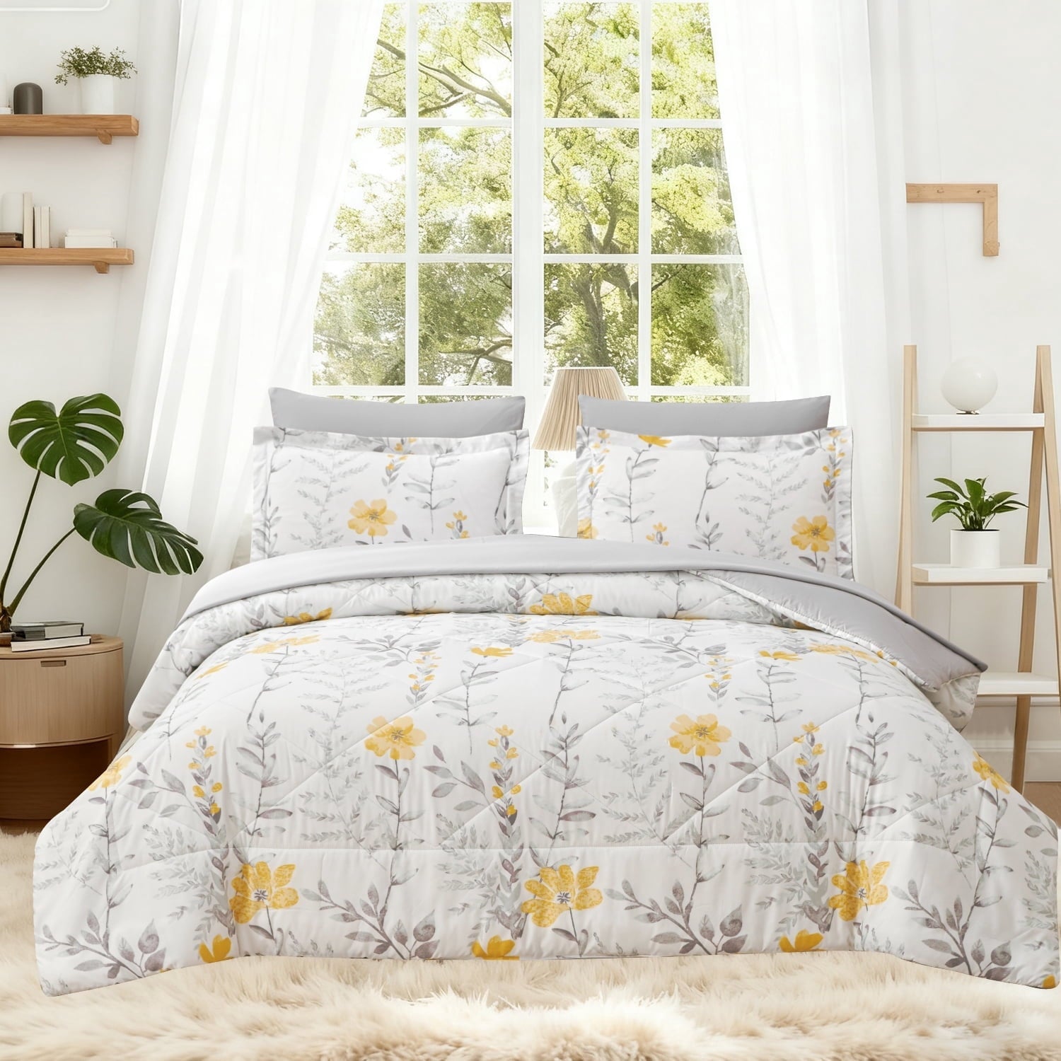 Heavyweight Warmth 3 Piece Comforter Set Queen Yellow Floral Quilt Microfiber Patchwork Bedspread - All-Season Down Alternative Comforter Insert - Default Title