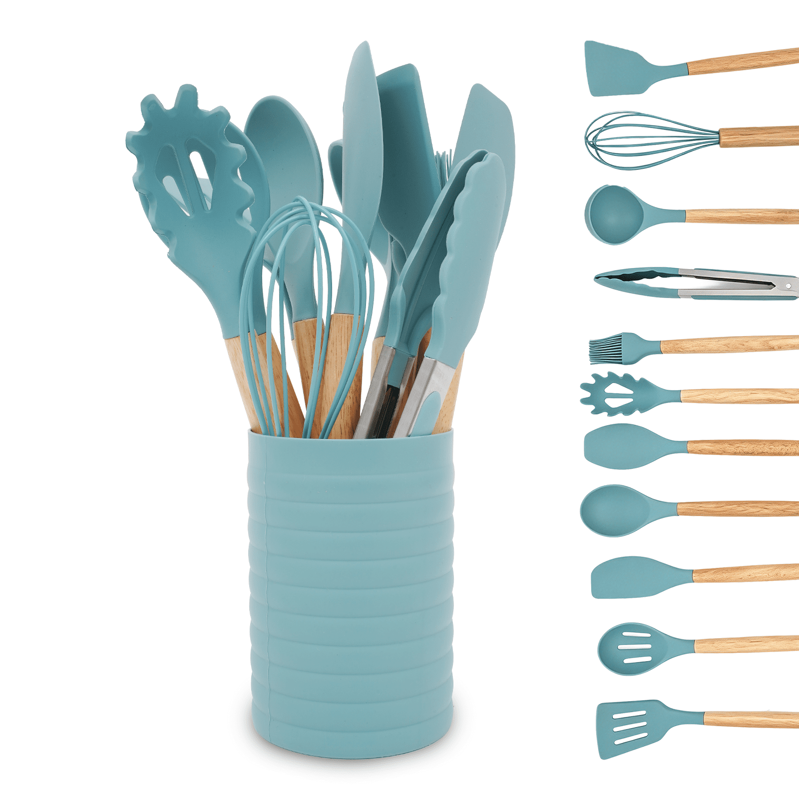 Non-Stick Safe Small Silicone Cooking Utensils with Holder Set (12Pack), Aqua Kitchen Tools with Wooden Handle for Nonstick... - Heat-Resistant Silicone Cooking Spatula Turner - Default Title