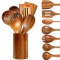 Premium Silicone Wooden Spoons for Cooking, 8 Pcs Natural Teak Wooden Utensils Set, Non-Stick & Heat Resistant Durable Wood ... - Durable Turner & Ladle Utensil Set for Home Chefs - Default Title