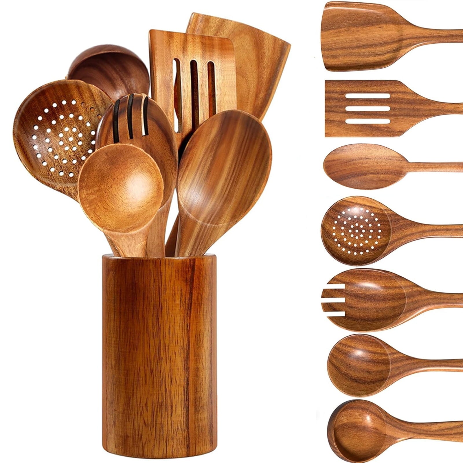 Premium Silicone Wooden Spoons for Cooking, 8 Pcs Natural Teak Wooden Utensils Set, Non-Stick & Heat Resistant Durable Wood ... - Durable Turner & Ladle Utensil Set for Home Chefs - Default Title