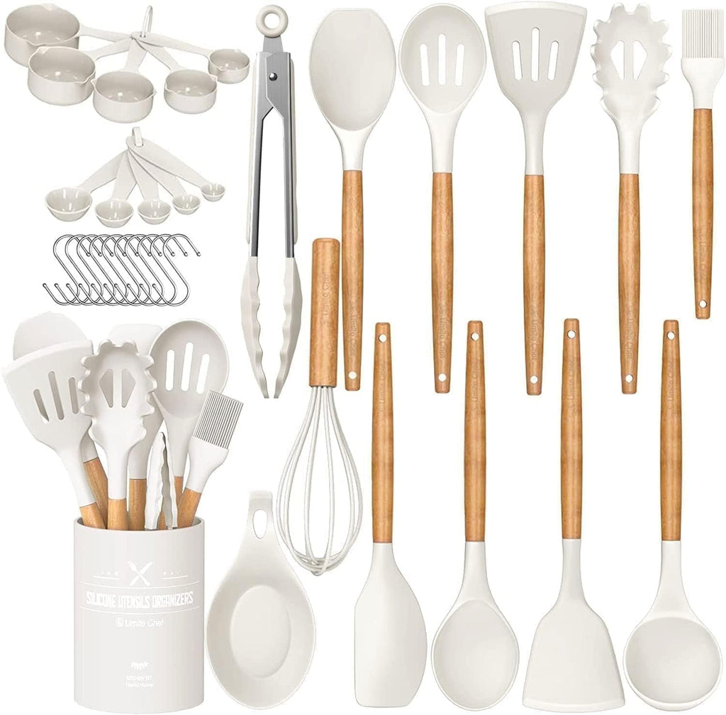 Ergonomic Cooking Kitchen Cooking Utensils Set, 33 pcs Non-stick Silicone Cooking Kitchen Utensils Spatula Set with Holder, Wooden Hand... - Ergonomic Kitchen Tongs and Cooking Spoon Utensil - Default Title