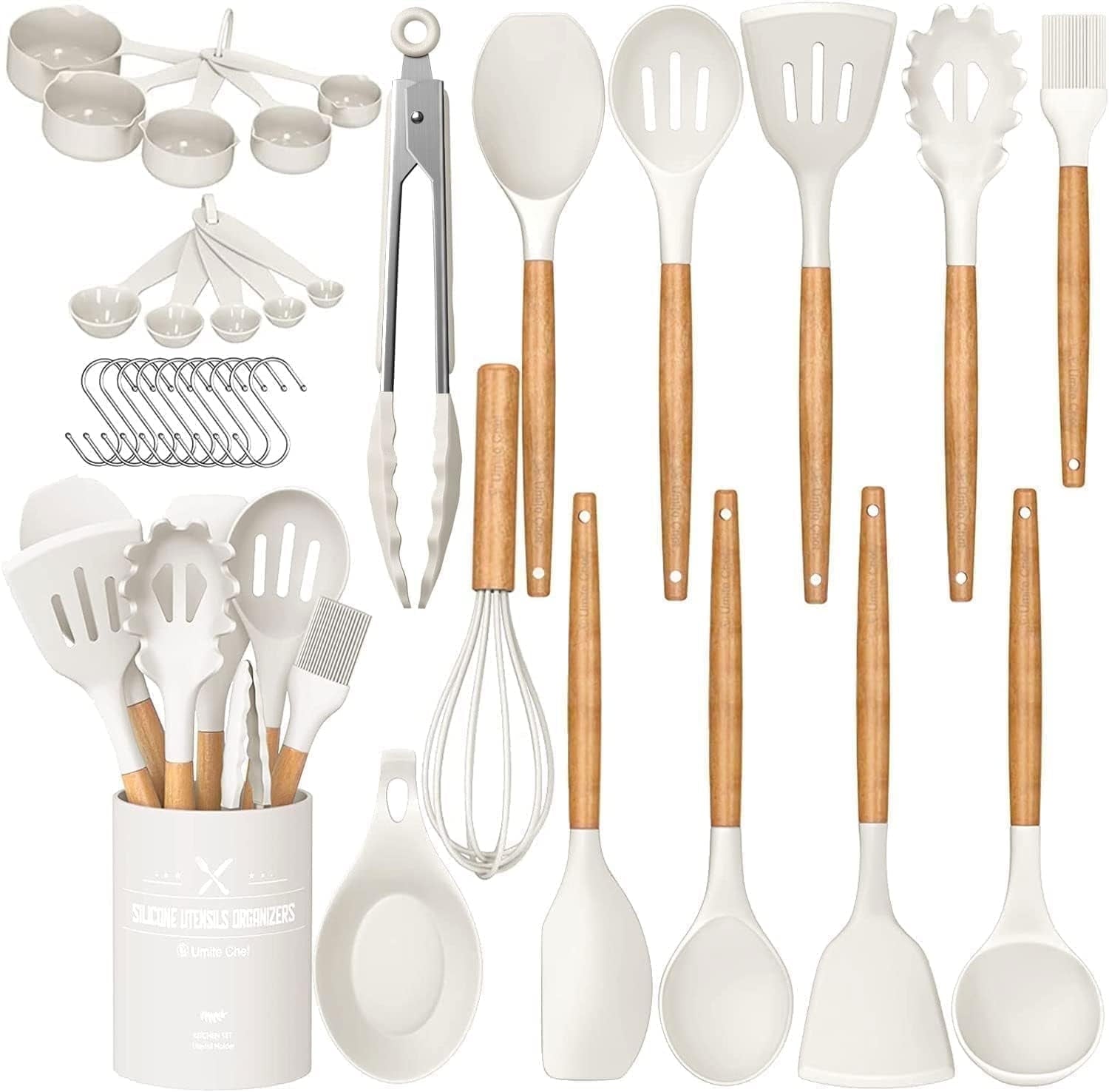 Ergonomic Cooking Kitchen Cooking Utensils Set, 33 pcs Non-stick Silicone Cooking Kitchen Utensils Spatula Set with Holder, Wooden Hand... - Ergonomic Kitchen Tongs and Cooking Spoon Utensil - Default Title