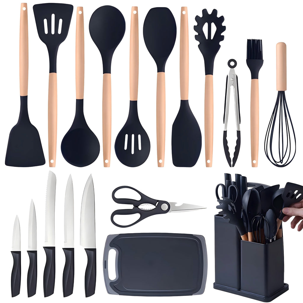 Premium Silicone Kitchen Utensils Set- 19 Pcs Silicone Cooking Utensils Set for Nonstick Cookware-Silicone Spatulas Set, Kitchen Gadge... - Premium Stainless Steel Cooking Utensil for Non-Stick Pots - Default Title
