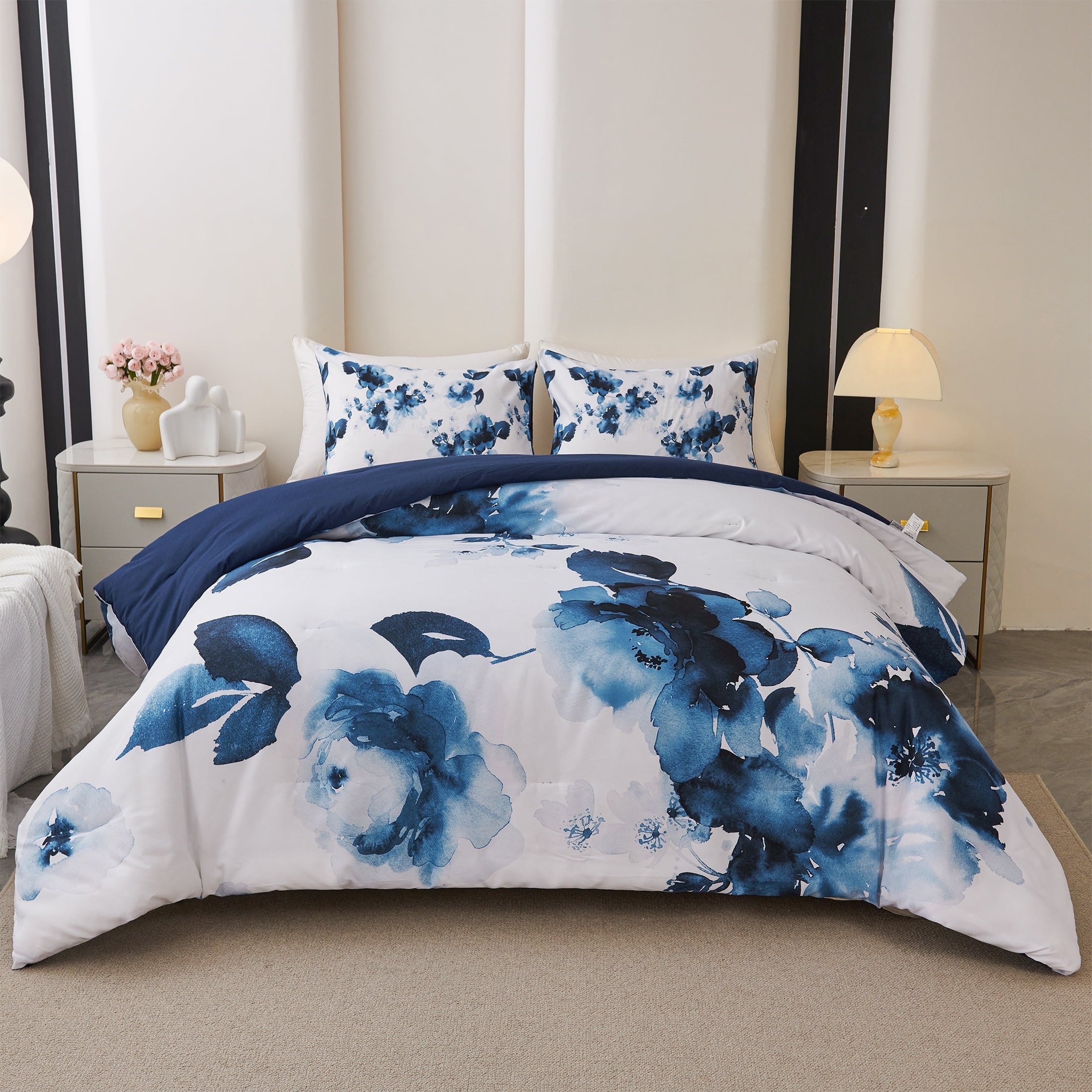 Fluffy Down Alternative 3 Pieces Blue and White Floral Comforter Set King Size, Flower Bedding with Watercolor Flowers Pattern for Women, Rev... - Hypoallergenic Ultra-Fluffy Quilt for Winter - Default Title